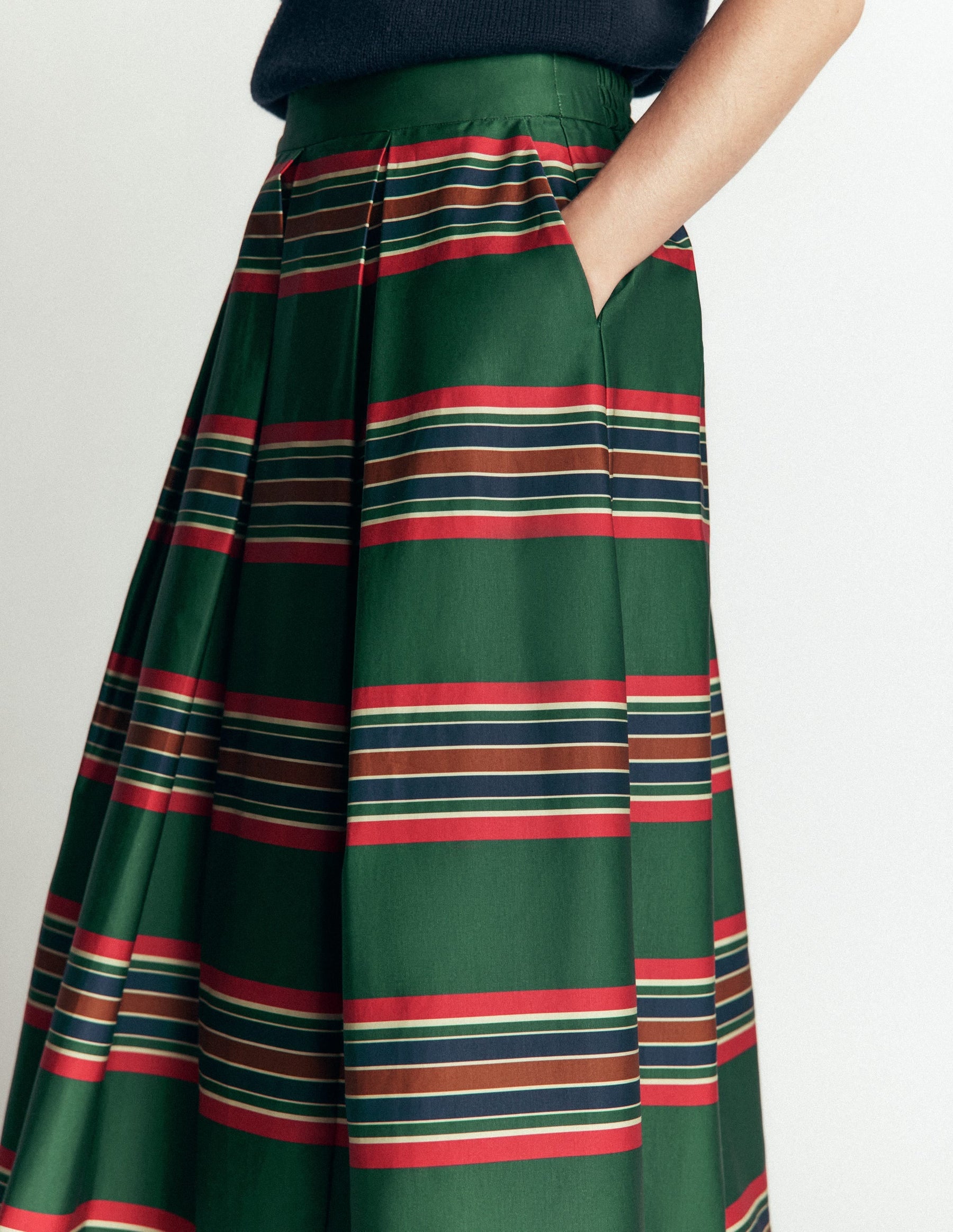 Verity  Cotton Sateen Skirt-Green, Collegic Stripe