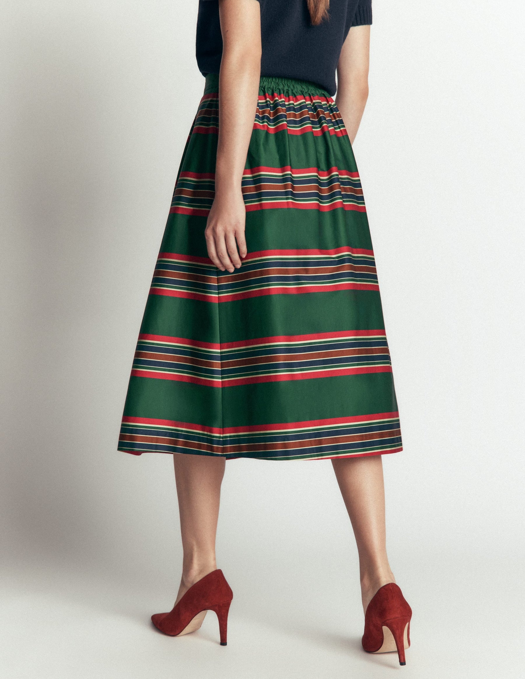 Verity  Cotton Sateen Skirt-Green, Collegic Stripe