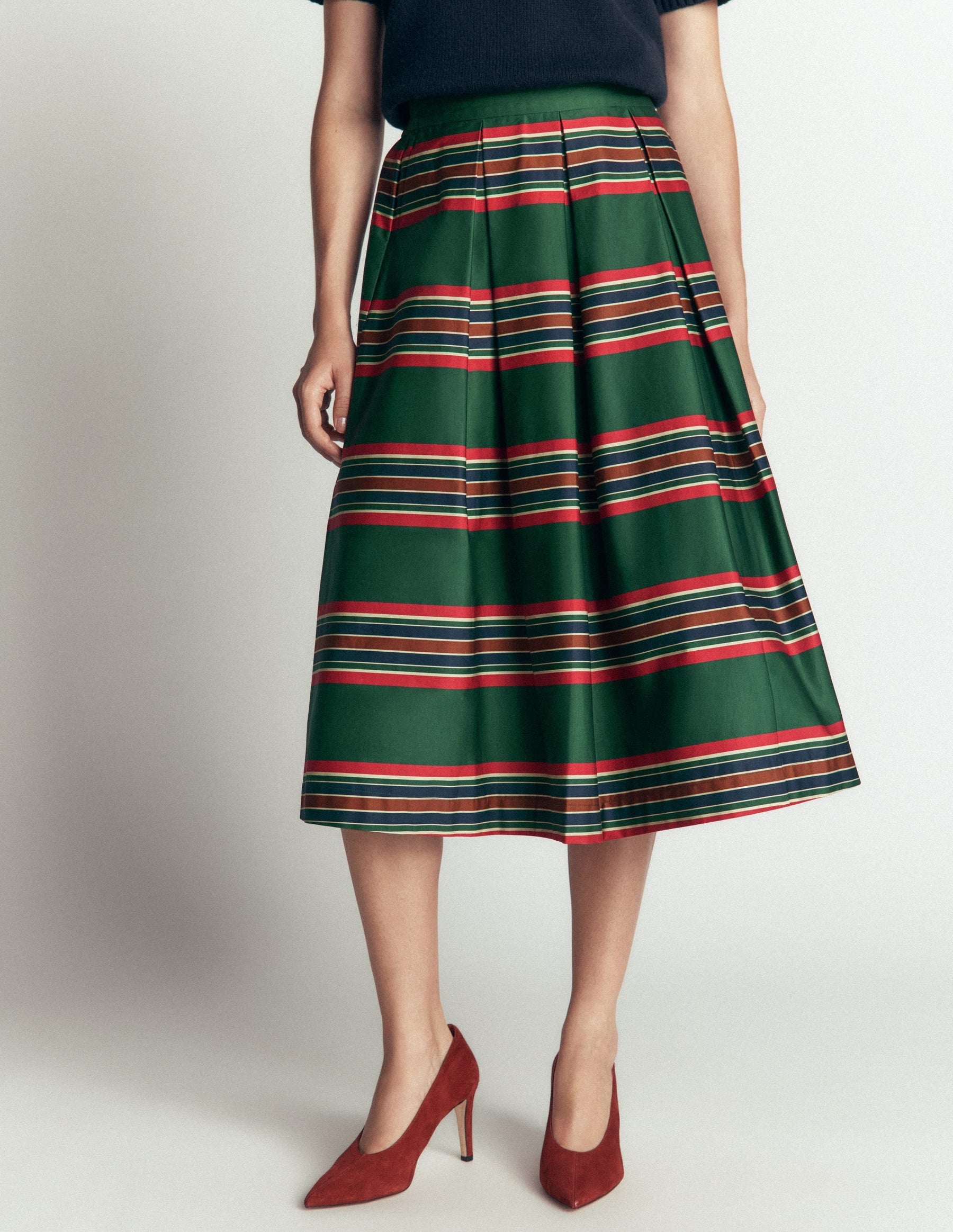 Verity  Cotton Sateen Skirt-Green, Collegic Stripe