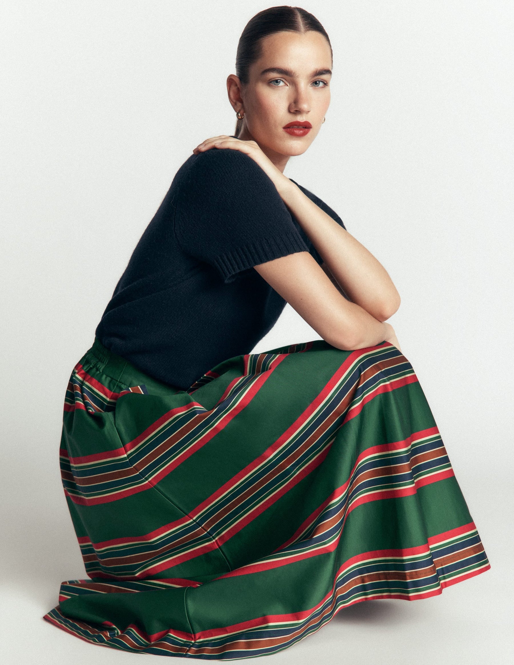 Verity  Cotton Sateen Skirt-Green, Collegic Stripe