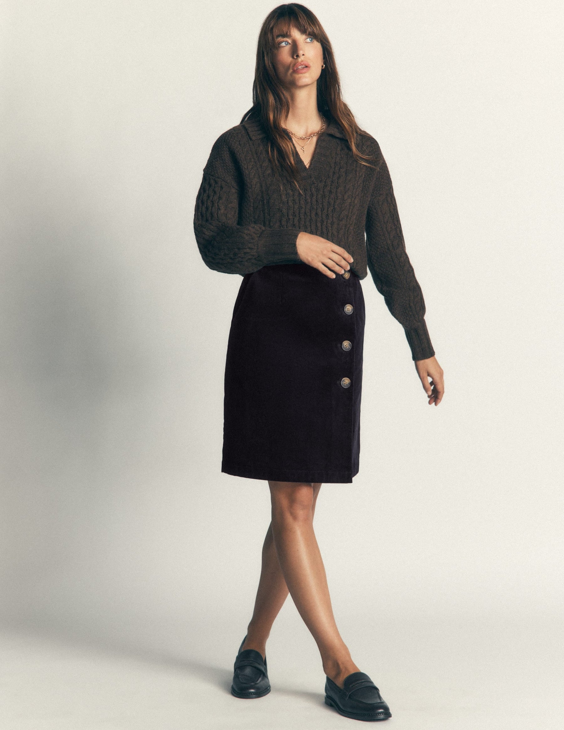 Evelyn Button Cord Wrap Skirt-Navy