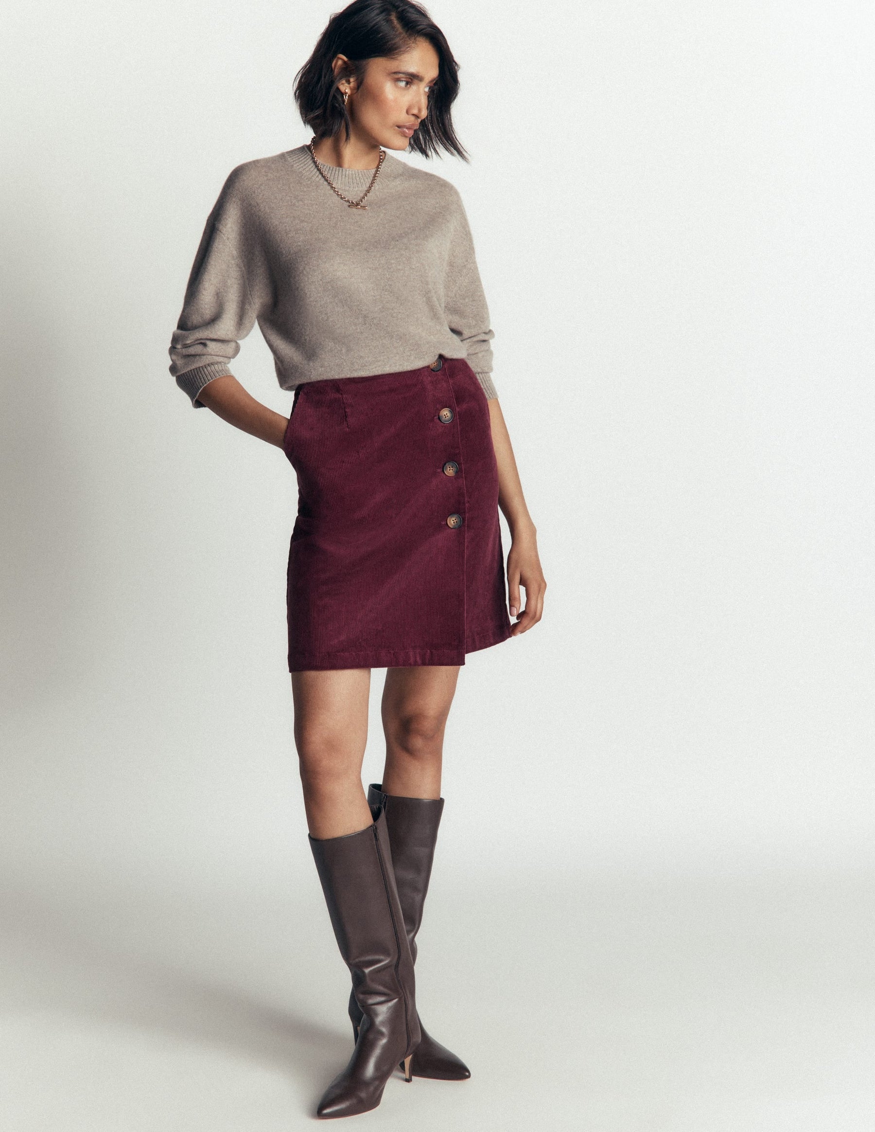 Evelyn Button Cord Wrap Skirt-Dark Crimson