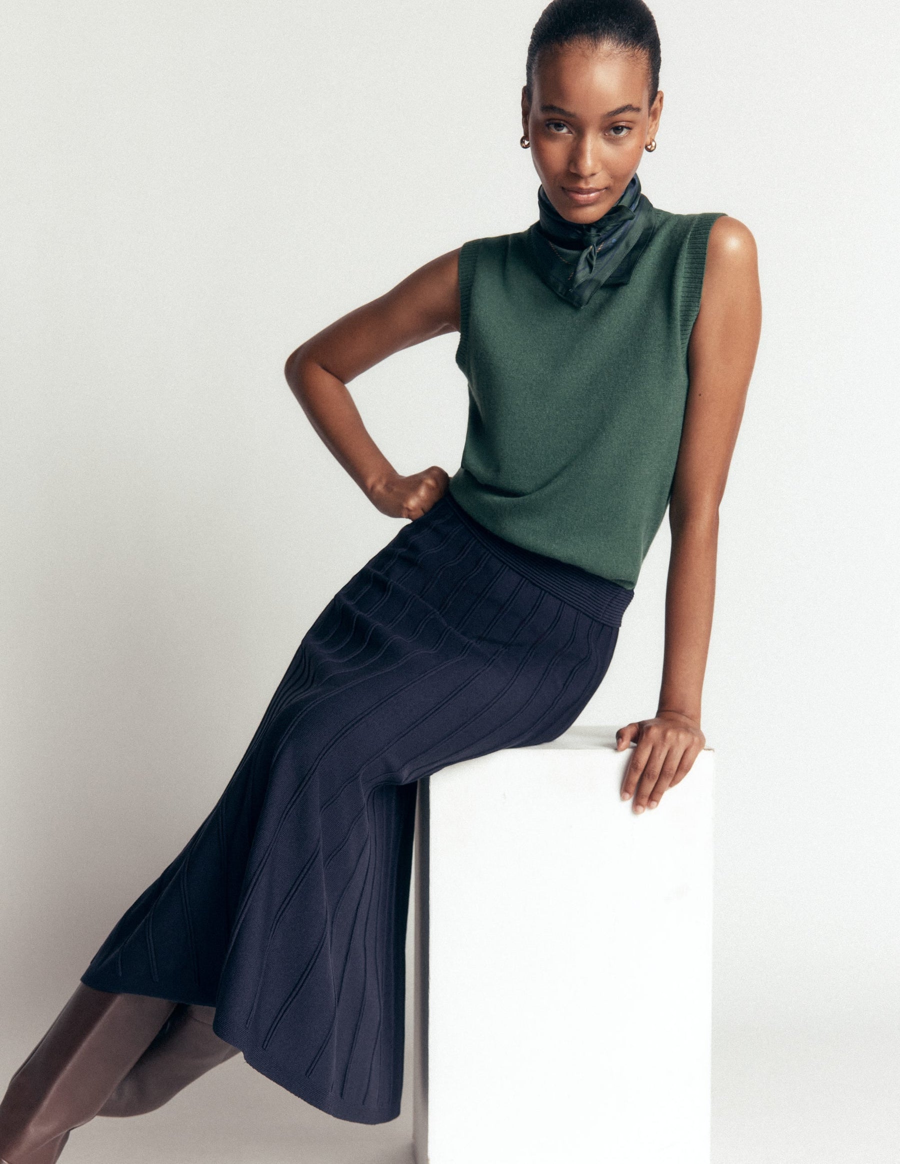 Ottoman Knitted Midi Skirt-Navy