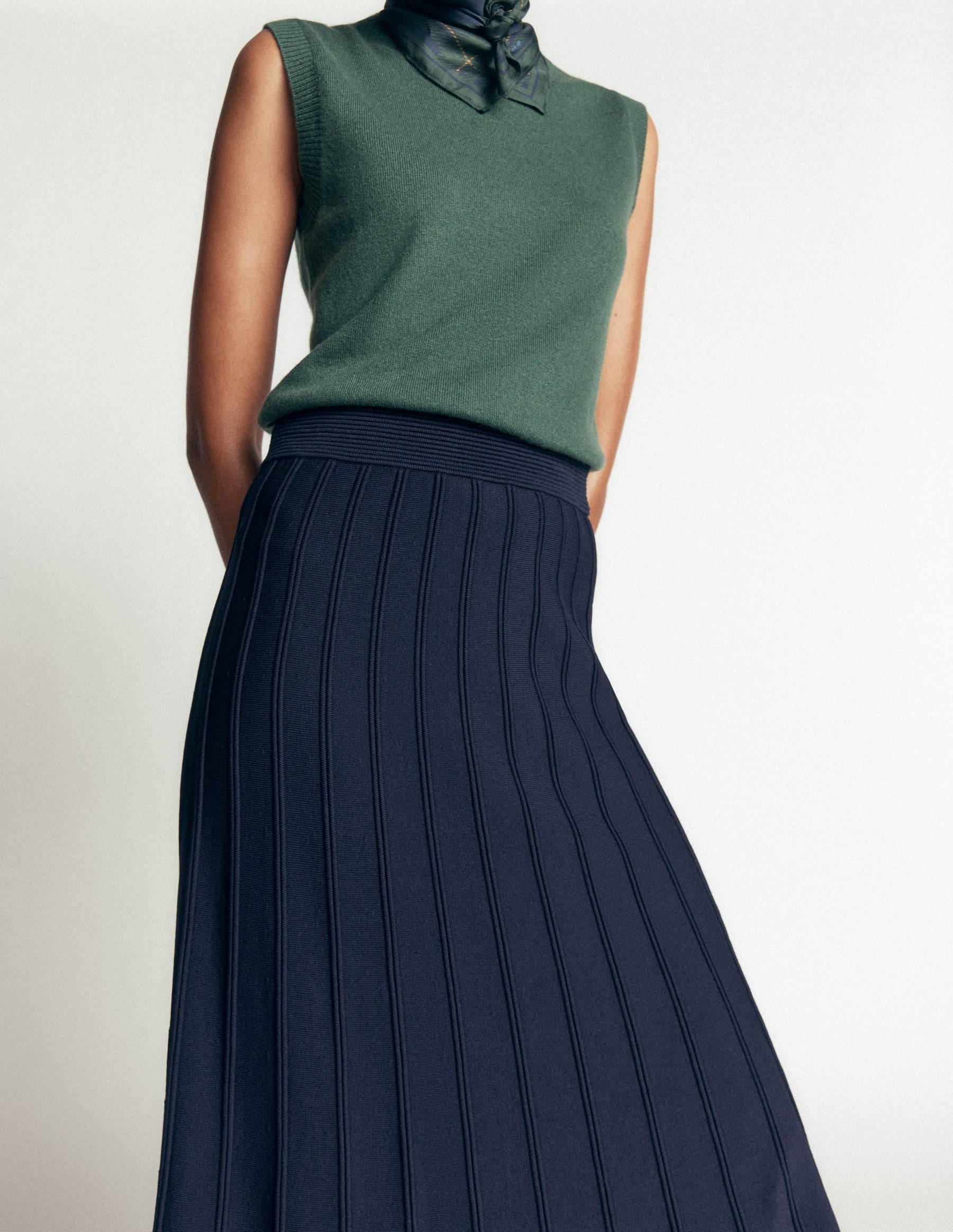 Ottoman Knitted Midi Skirt-Navy