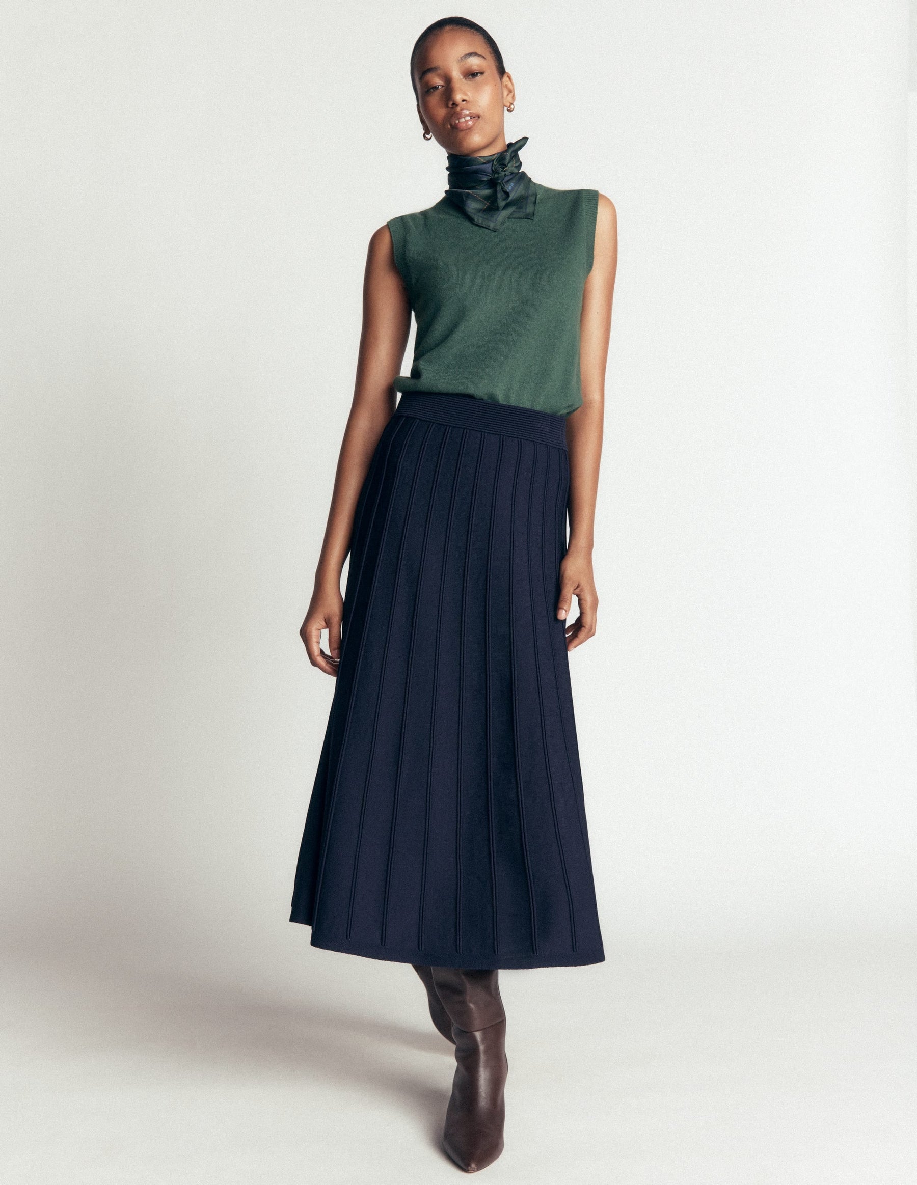 Ottoman Knitted Midi Skirt-Navy
