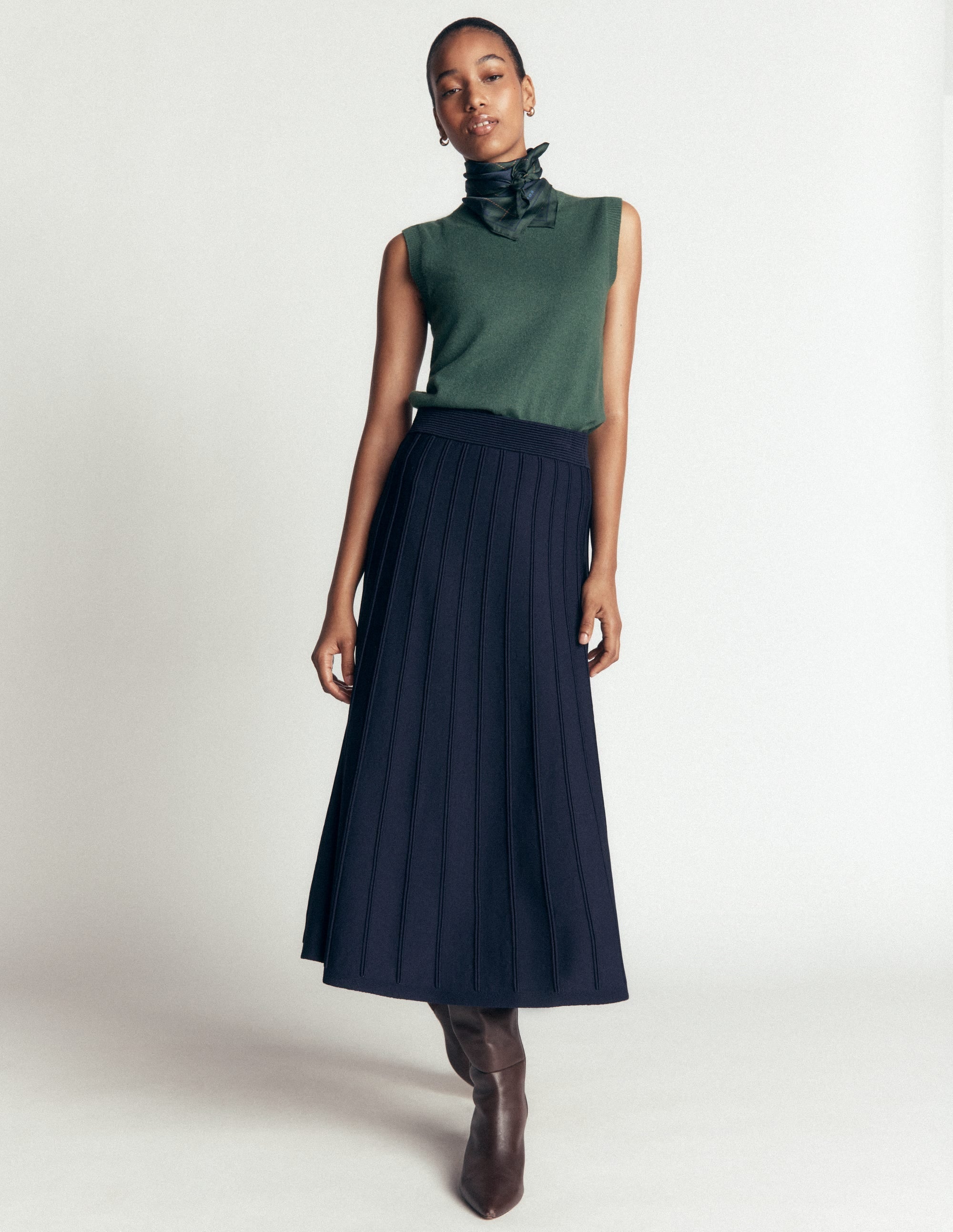 Ottoman Knitted Midi Skirt-Navy