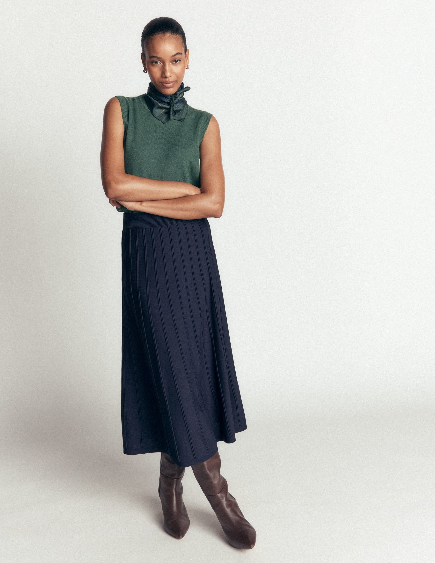 Ottoman Knitted Midi Skirt-Navy