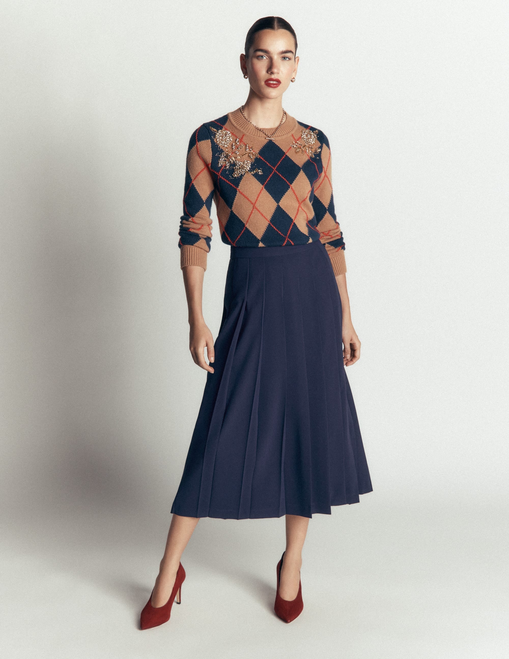 Pleat Side Split Midi Skirt-Navy