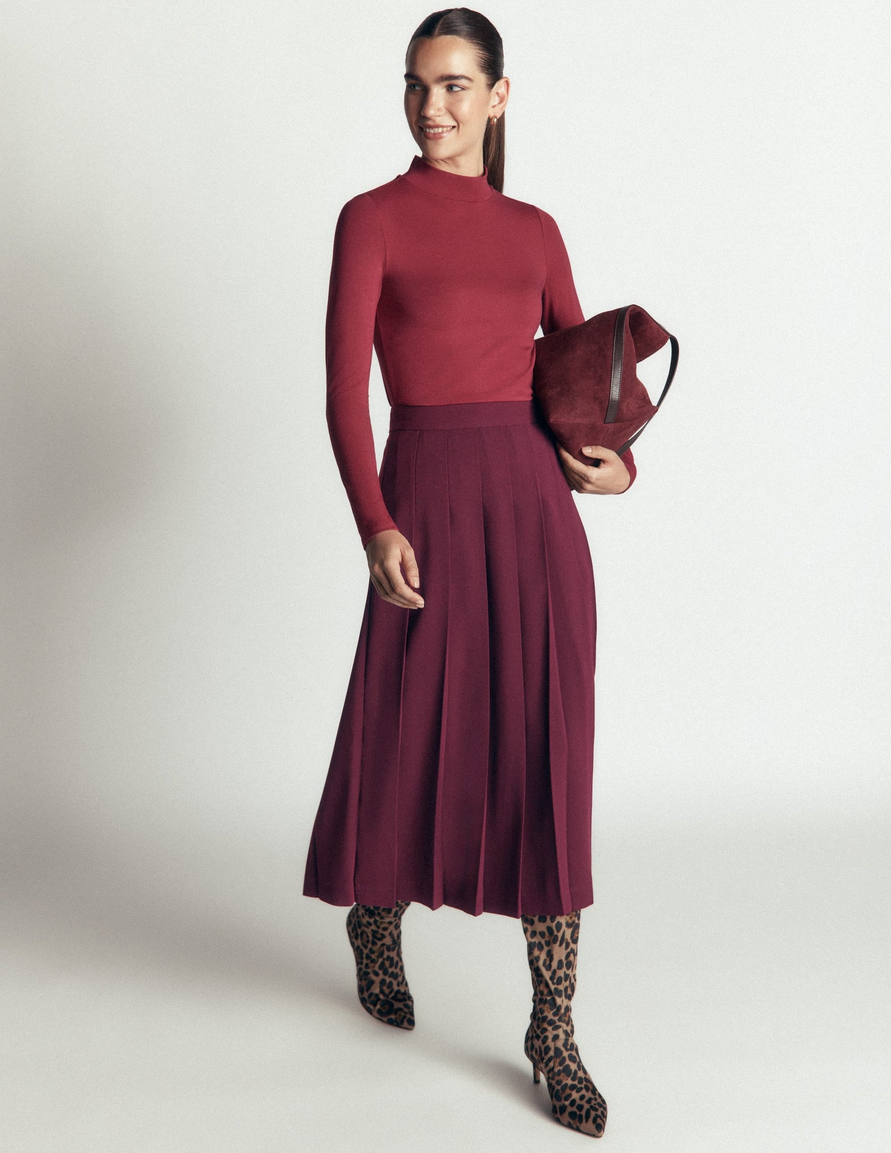 Pleat Side Split Midi Skirt-Dark Cherry