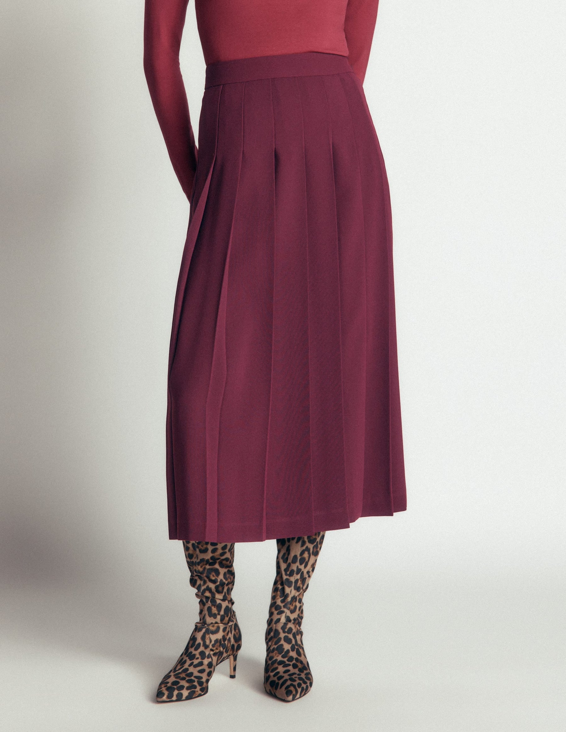Pleat Side Split Midi Skirt-Dark Cherry