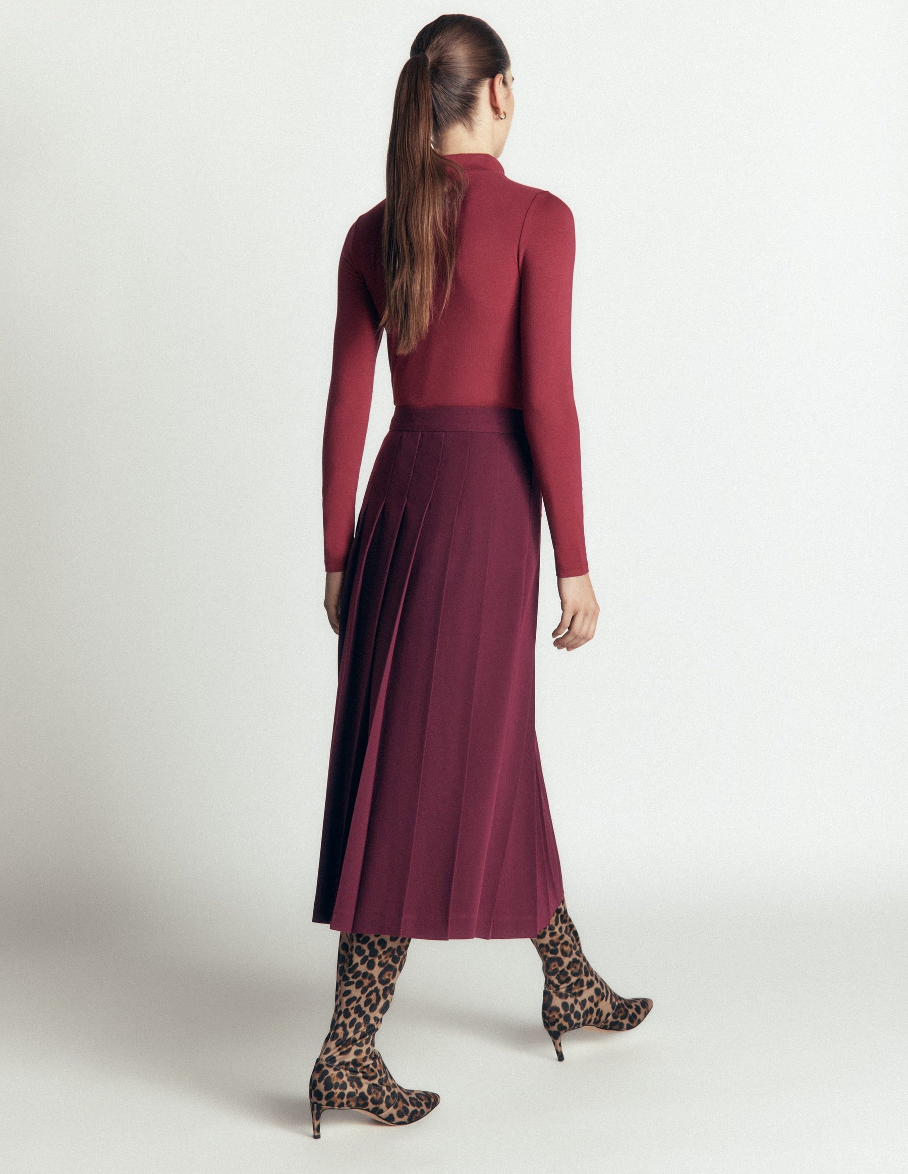 Pleat Side Split Midi Skirt-Dark Cherry