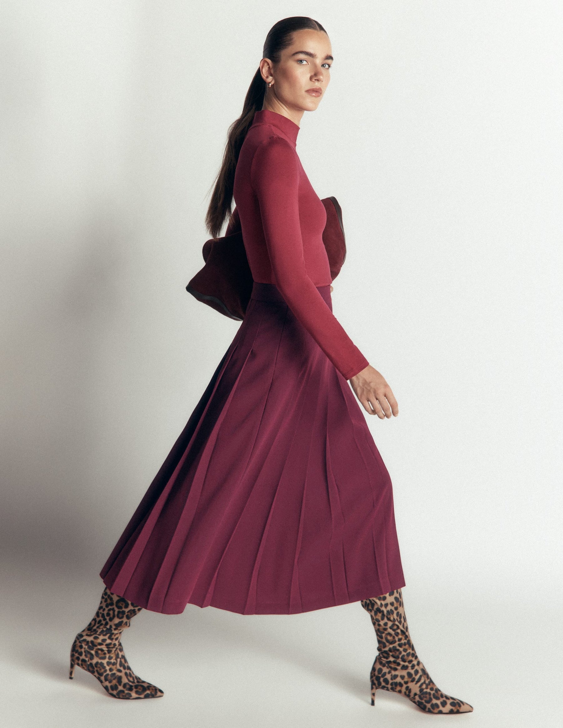 Pleat Side Split Midi Skirt-Dark Cherry