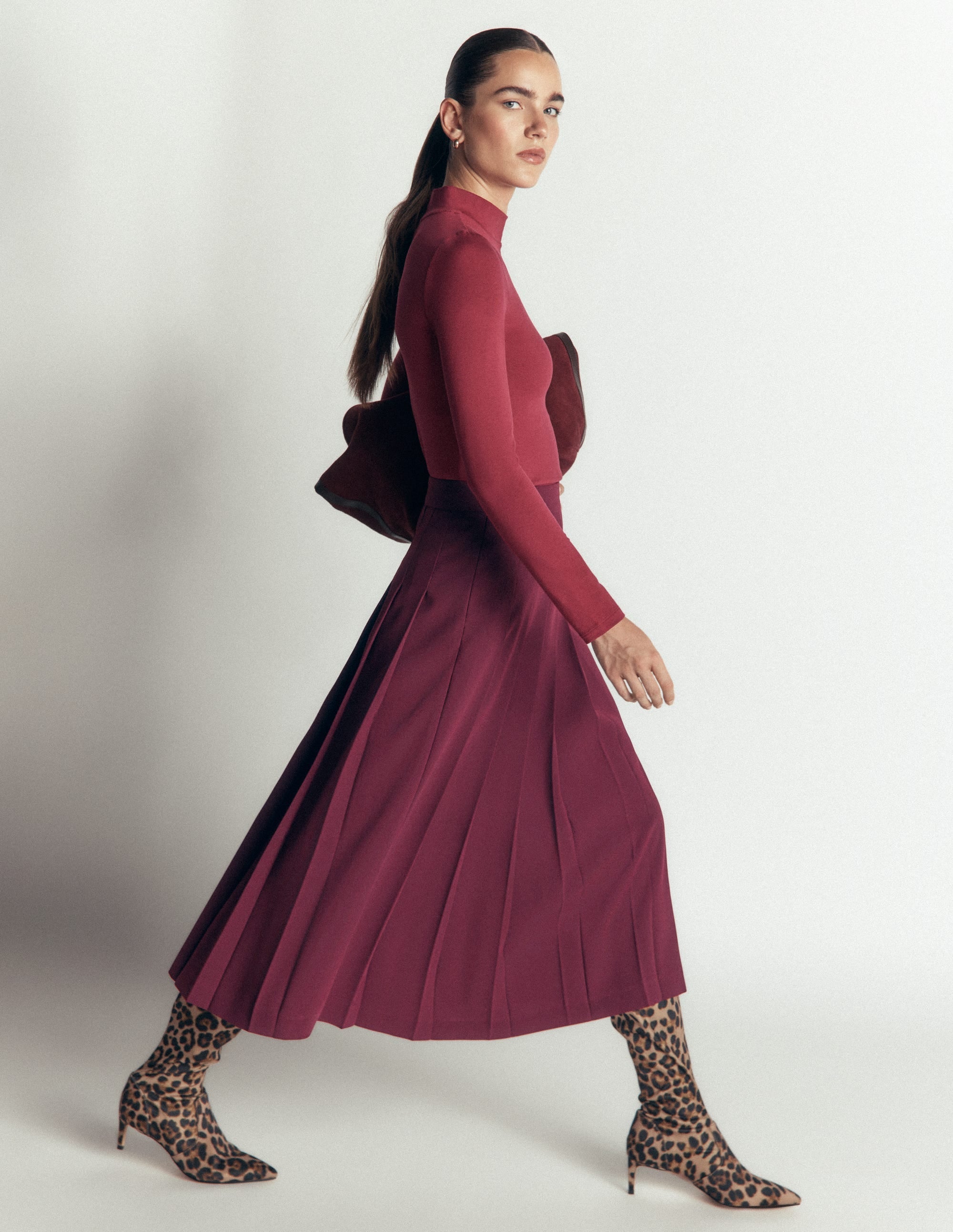 Pleat Side Split Midi Skirt-Dark Cherry
