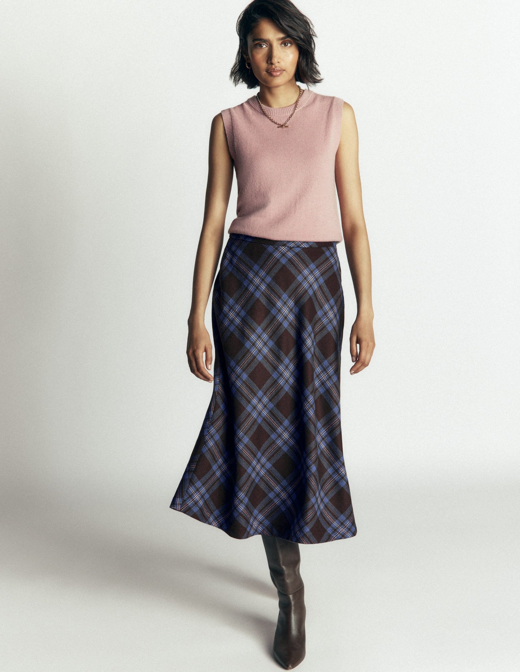 Wool Blend Slip Skirt-Brown Check