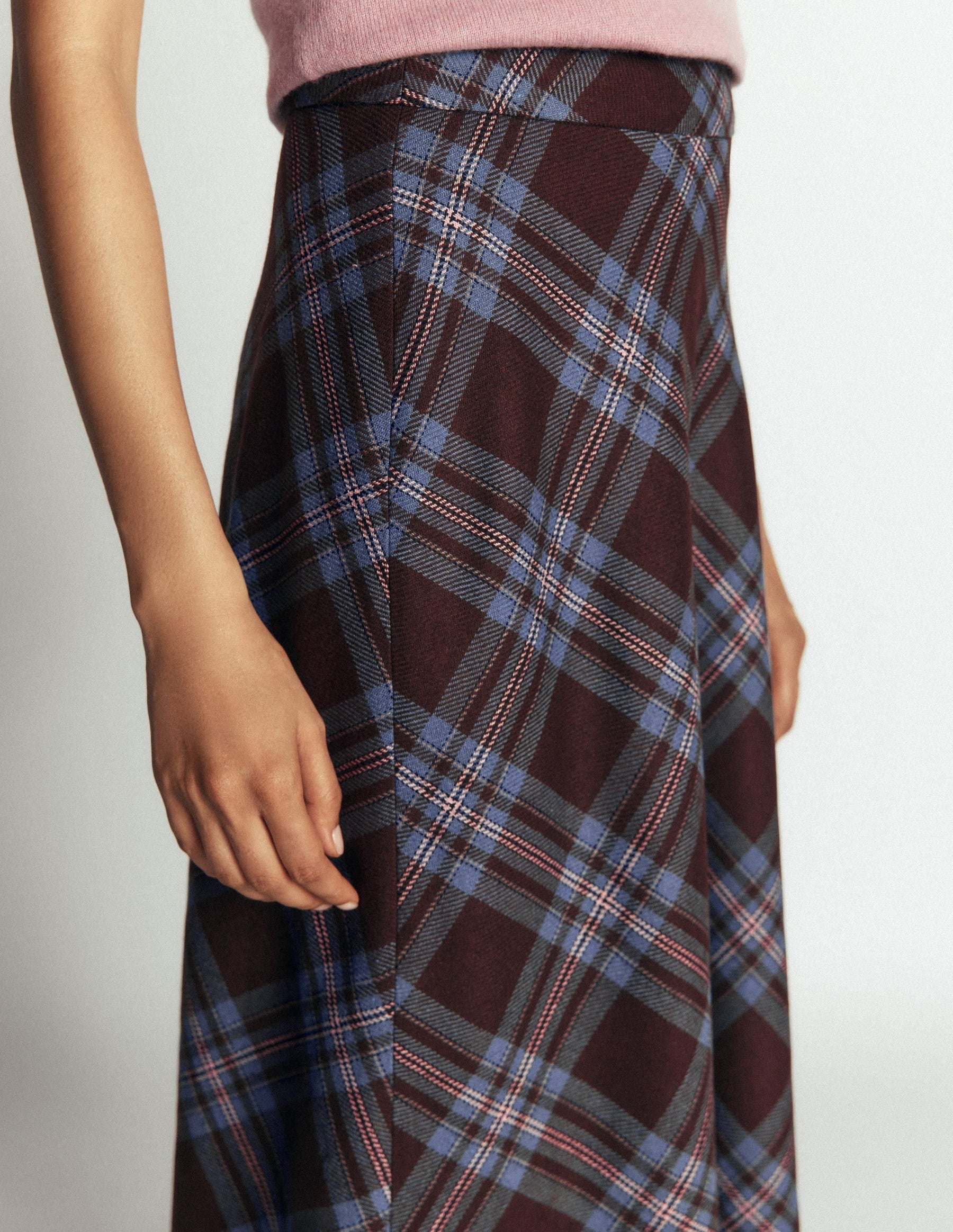 Wool Blend Slip Skirt-Brown Check