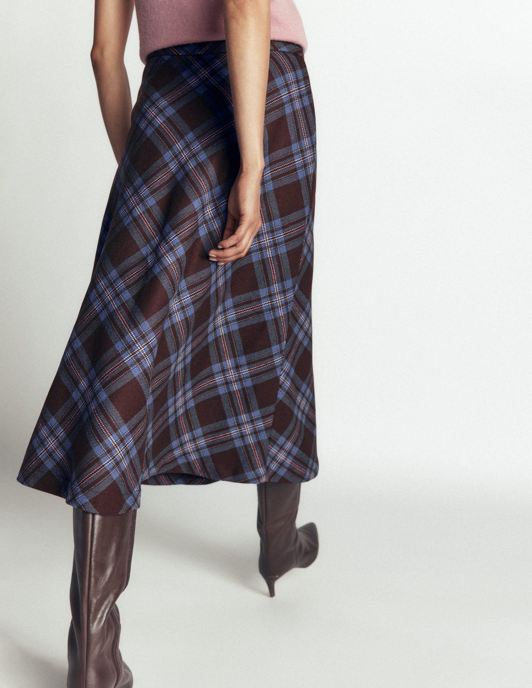Wool Blend Slip Skirt-Brown Check