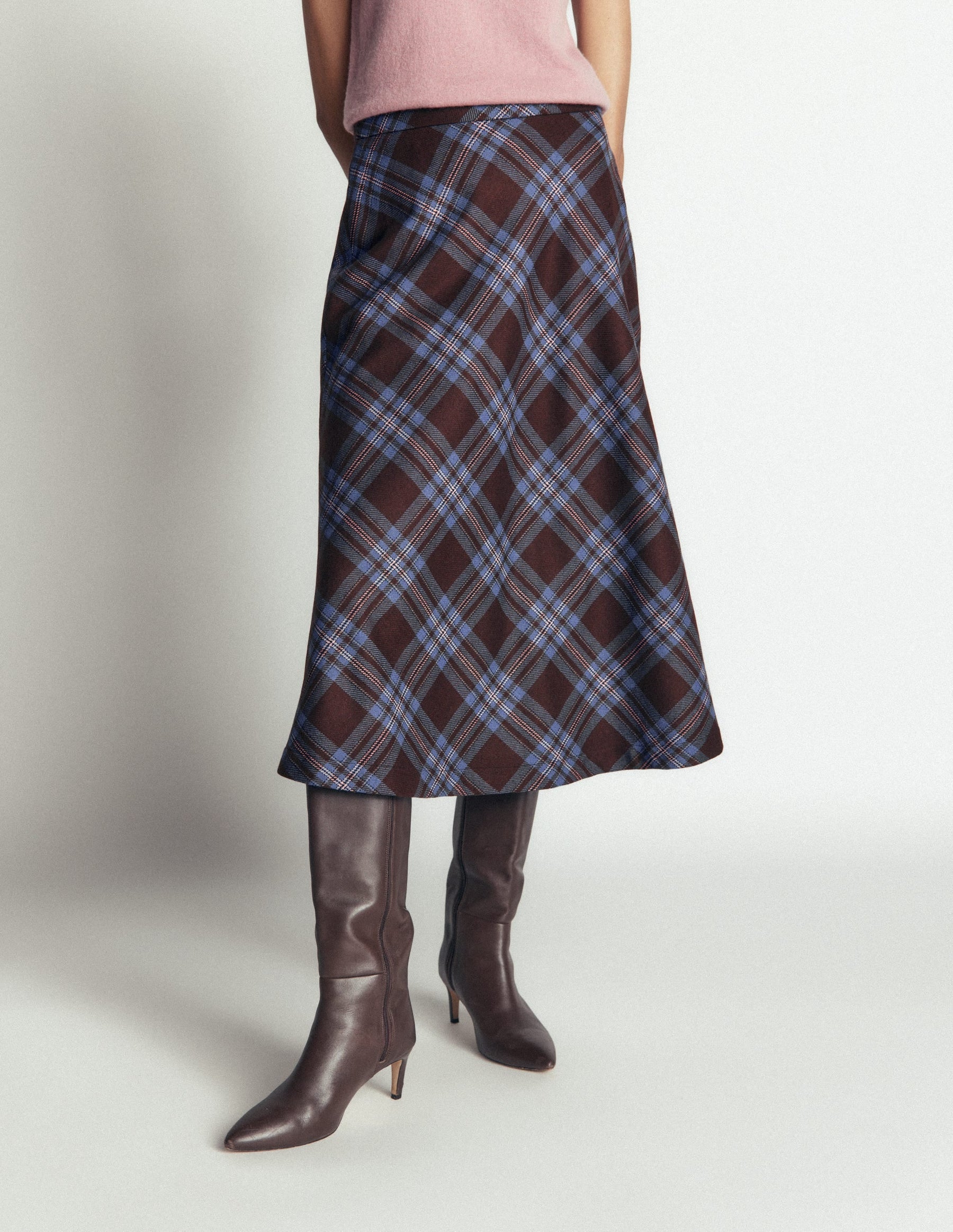 Wool Blend Slip Skirt-Brown Check