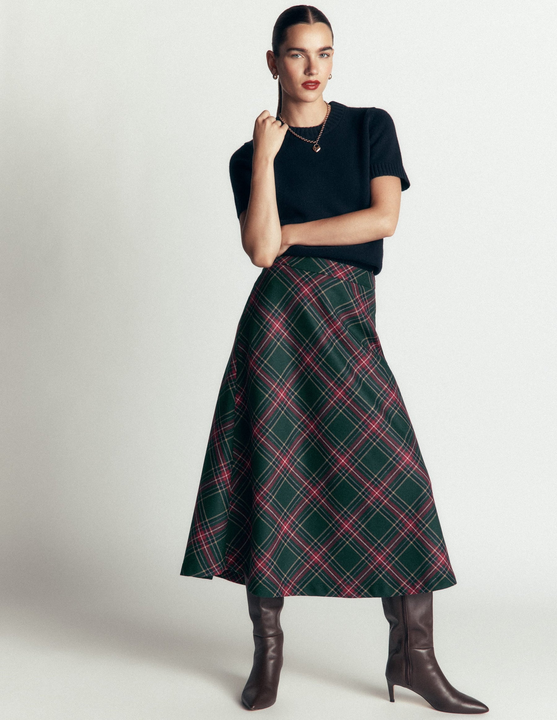 Wool Blend Slip Skirt-Green Check