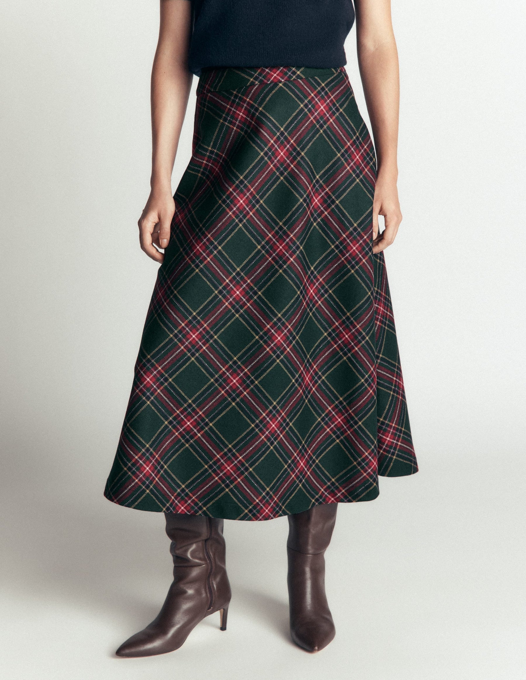 Wool Blend Slip Skirt-Green Check