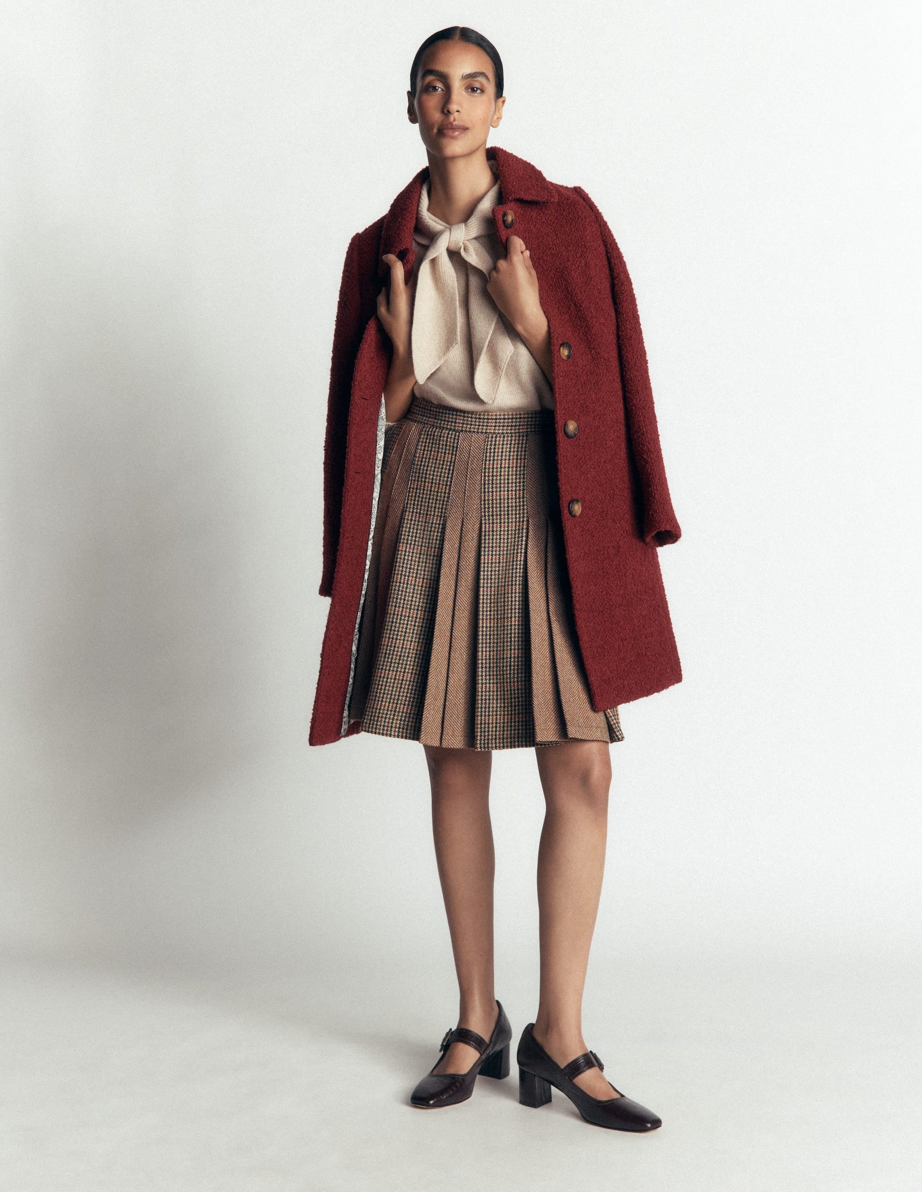 Multi Panel Wool Blend Skirt-Brown Hotch Check