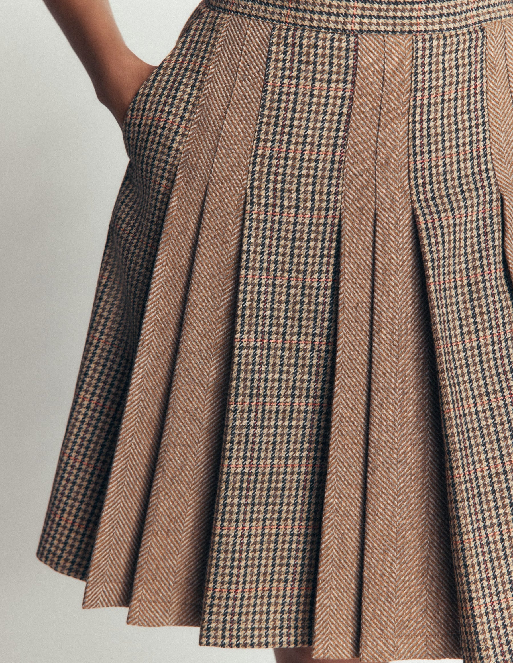 Multi Panel Wool Blend Skirt-Brown Hotch Check