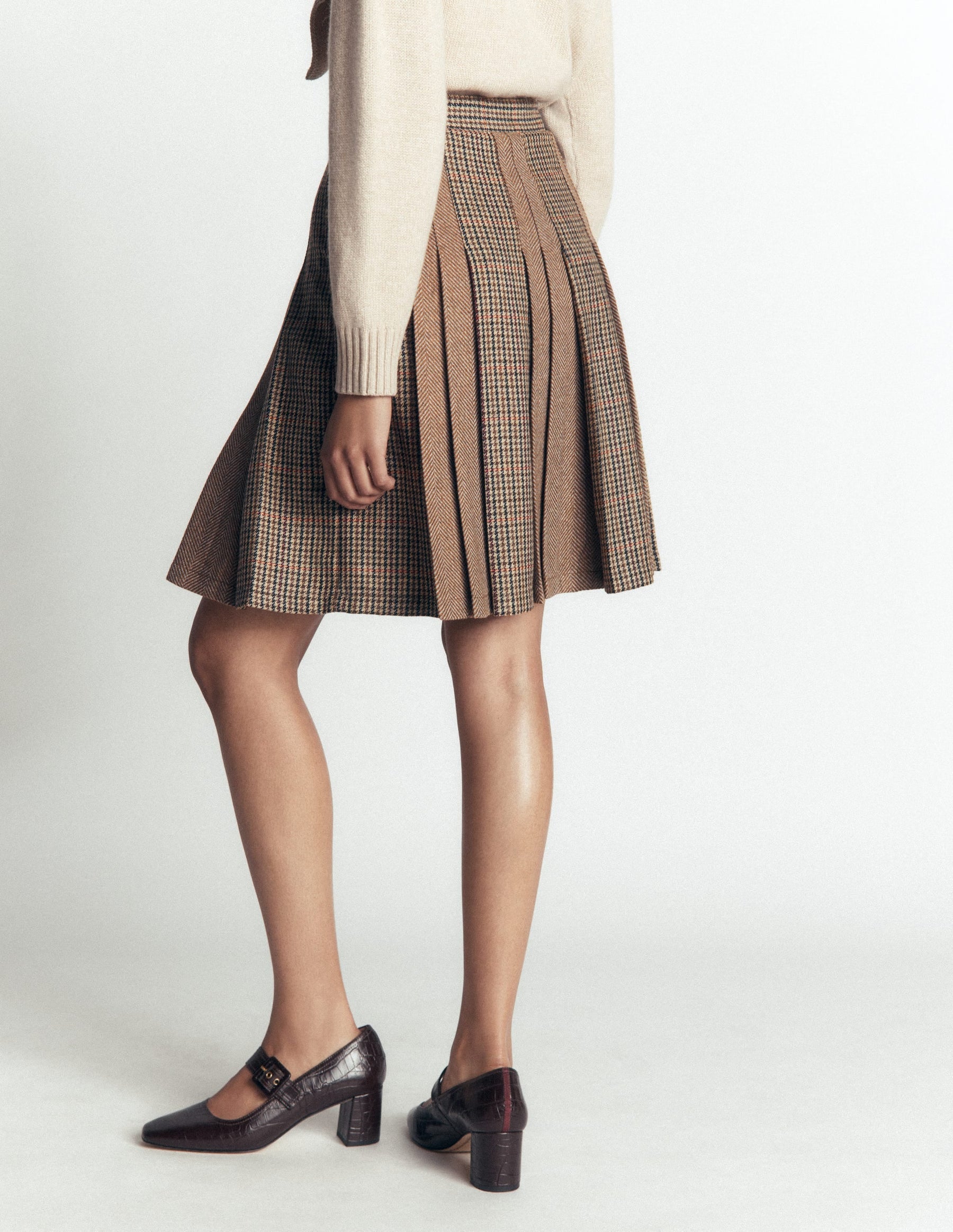 Multi Panel Wool Blend Skirt-Brown Hotch Check