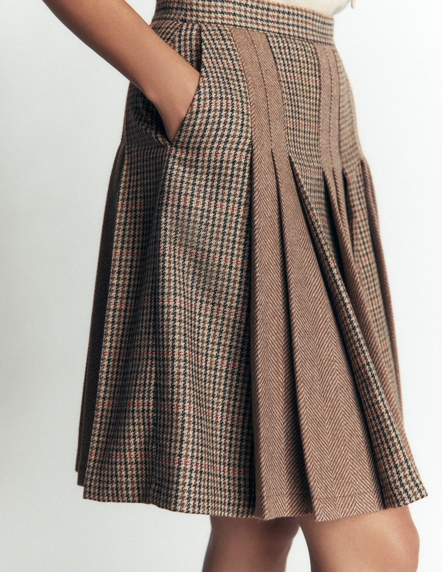 Multi Panel Wool Blend Skirt-Brown Hotch Check