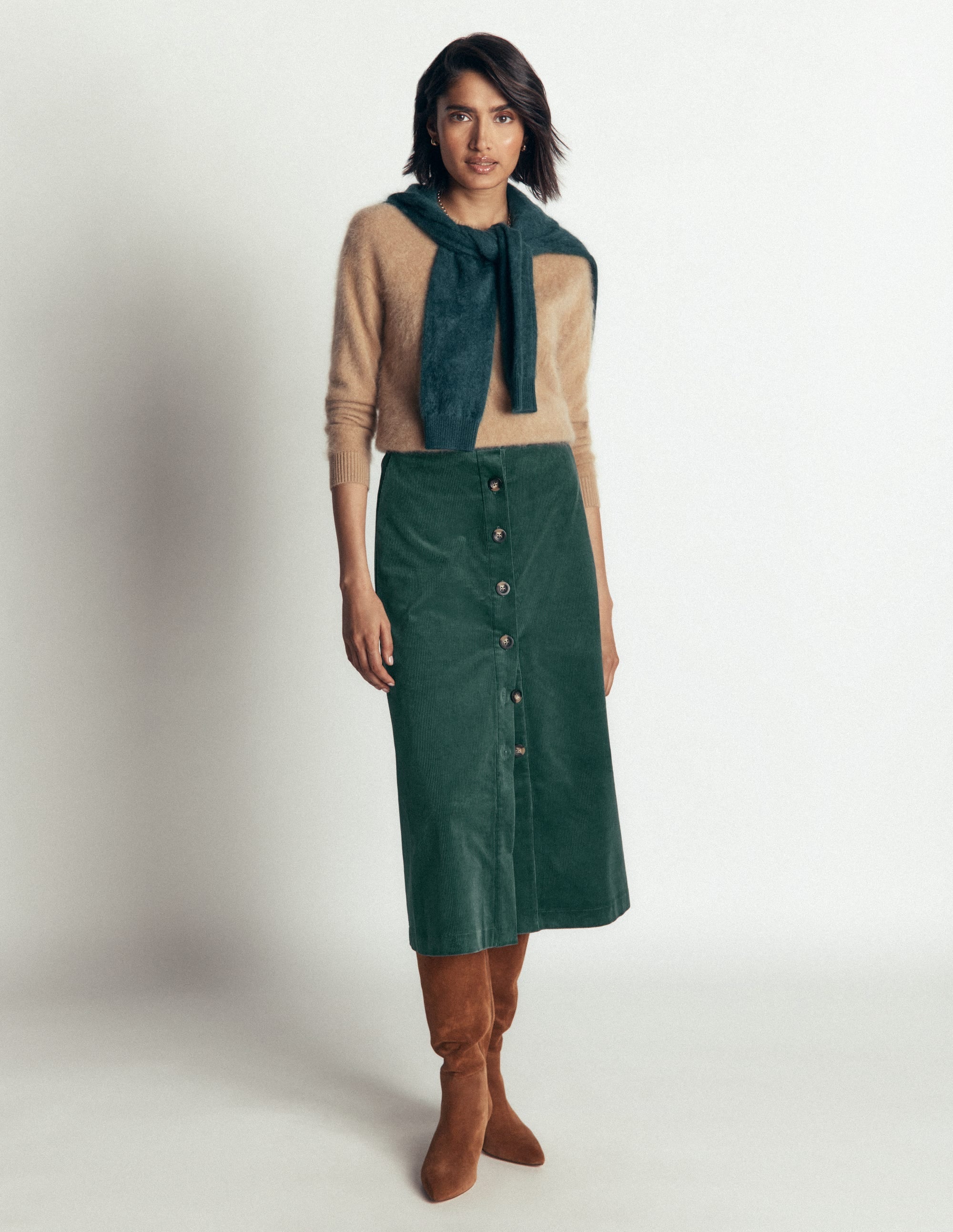 Val Button Cord Midi Skirt-Midnight Teal