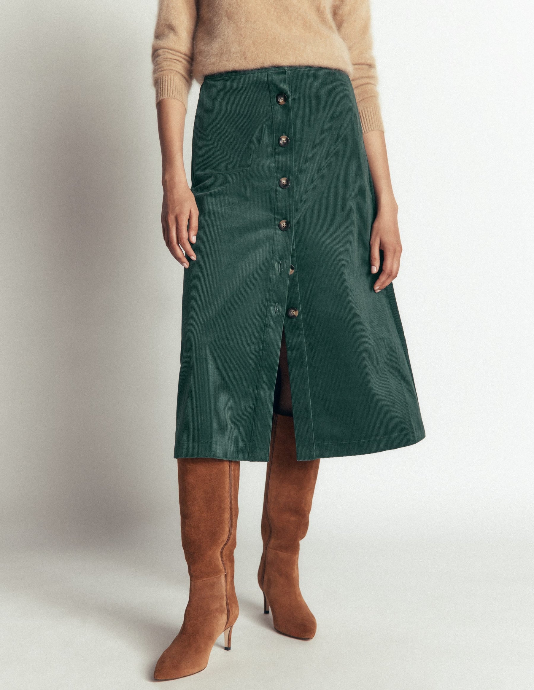 Val Button Cord Midi Skirt-Midnight Teal