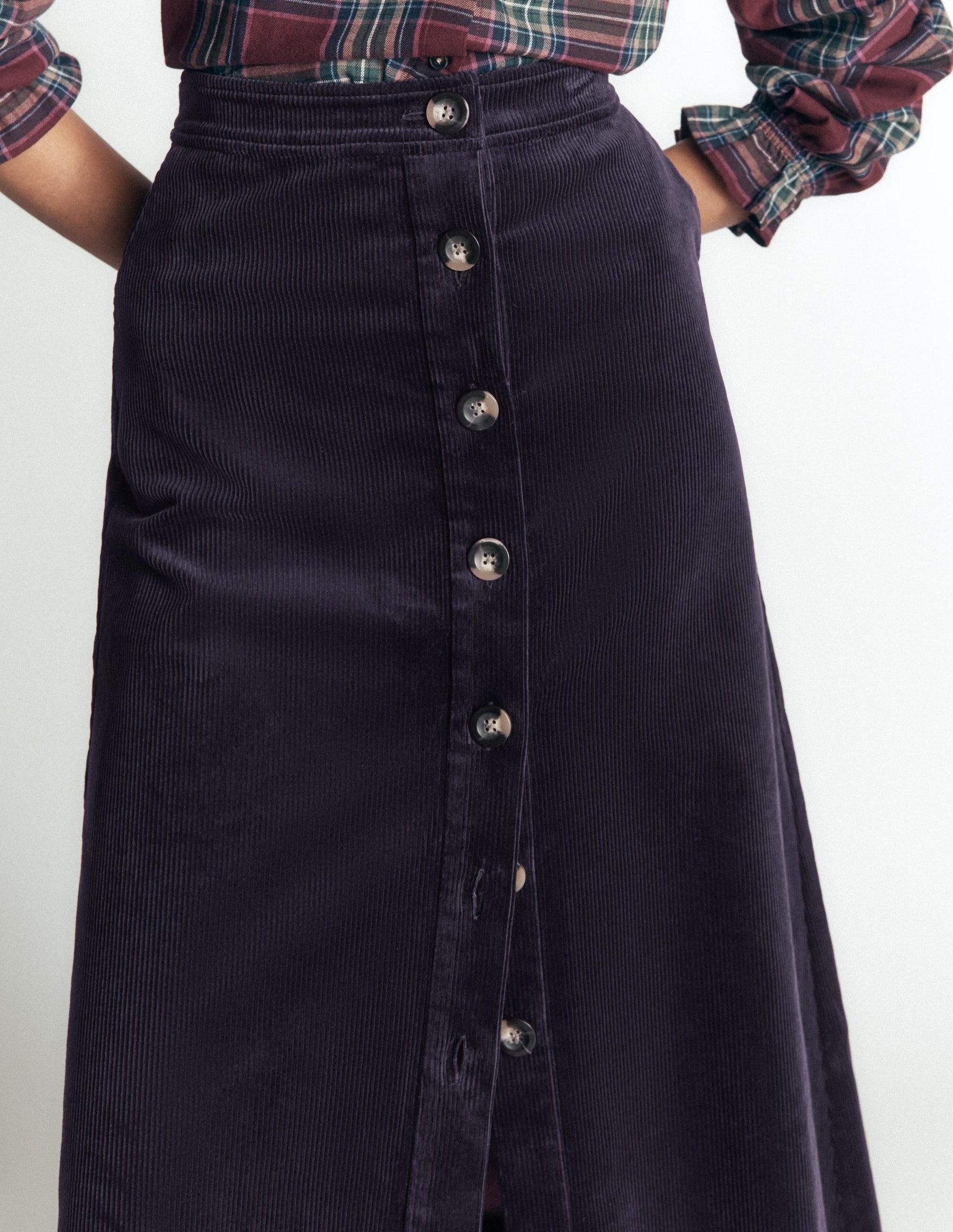 Val Button Cord Midi Skirt-Navy