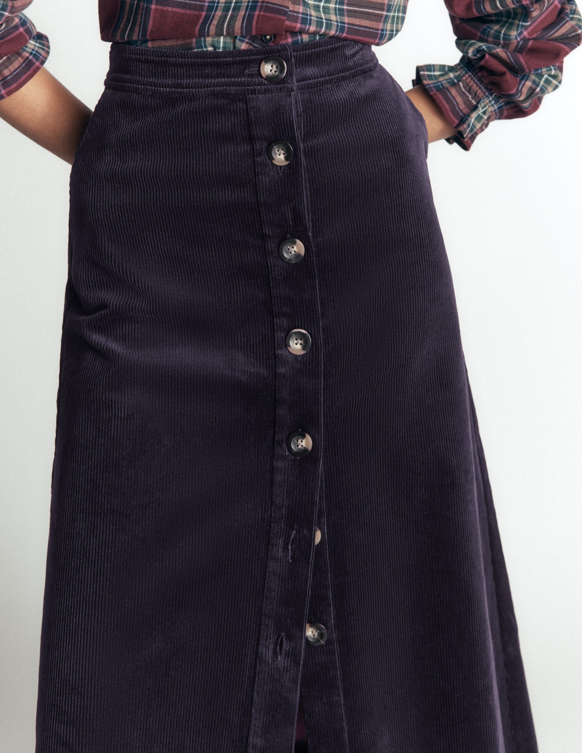 Val Button Cord Midi Skirt-Navy