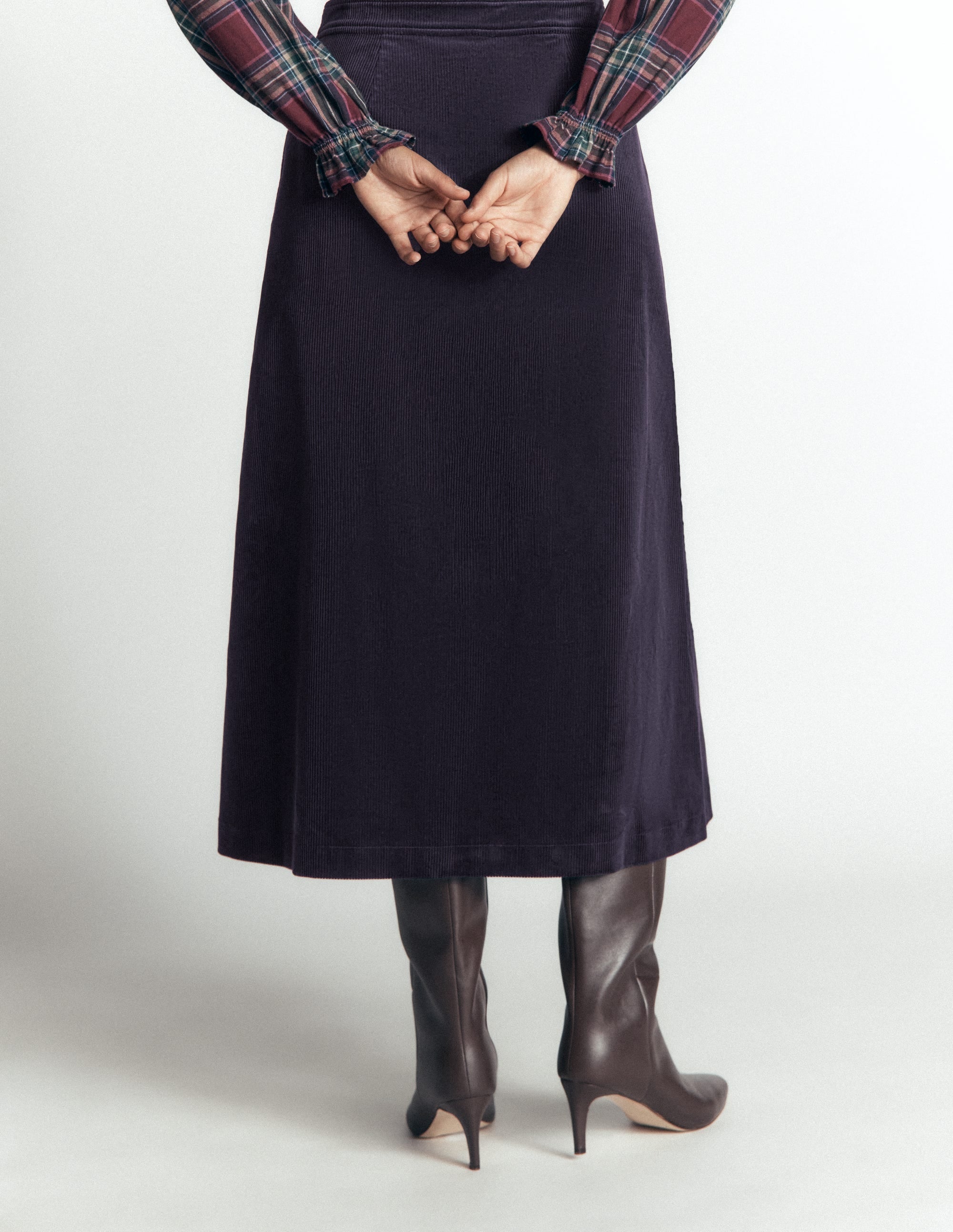 Val Button Cord Midi Skirt-Navy