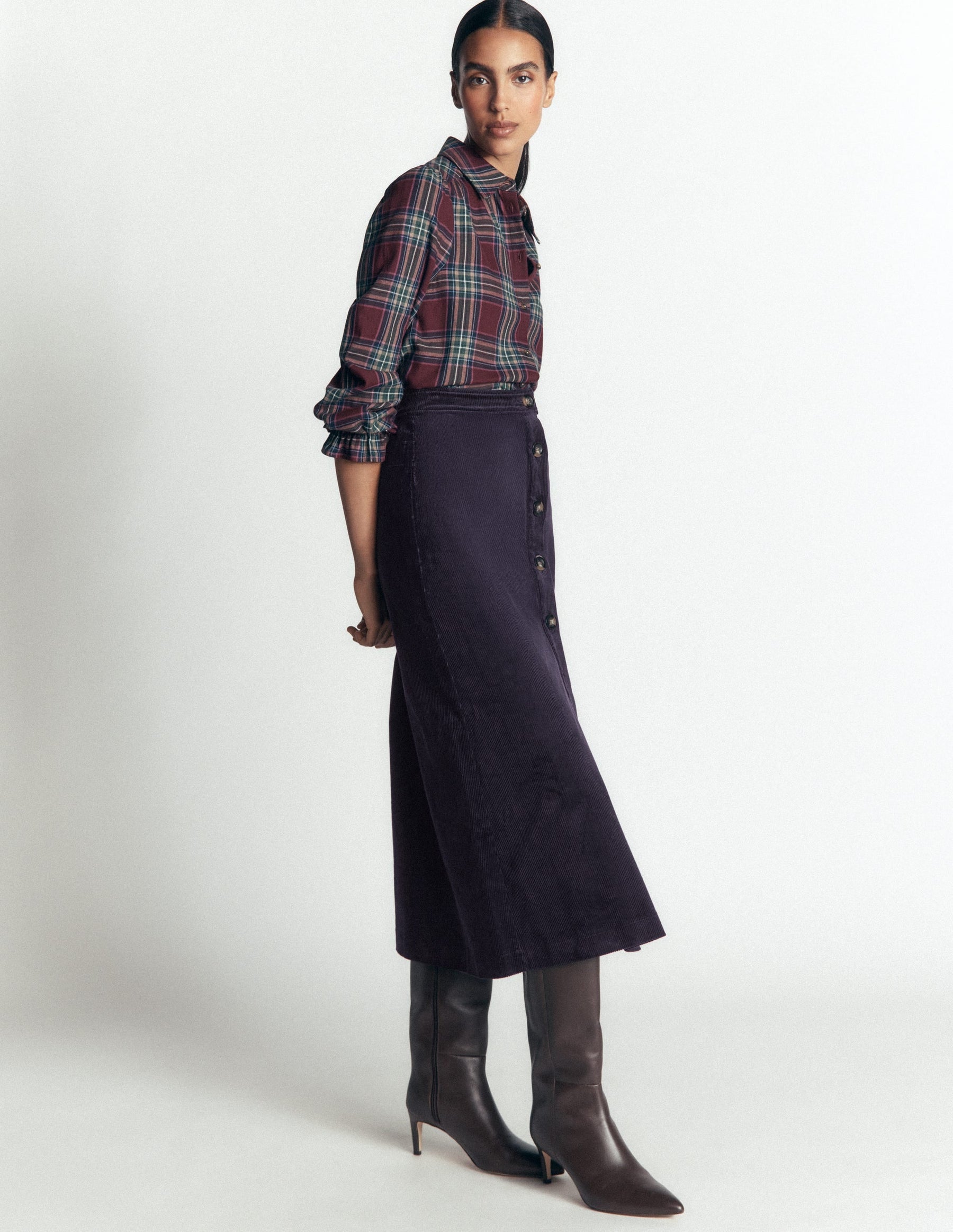 Val Button Cord Midi Skirt-Navy