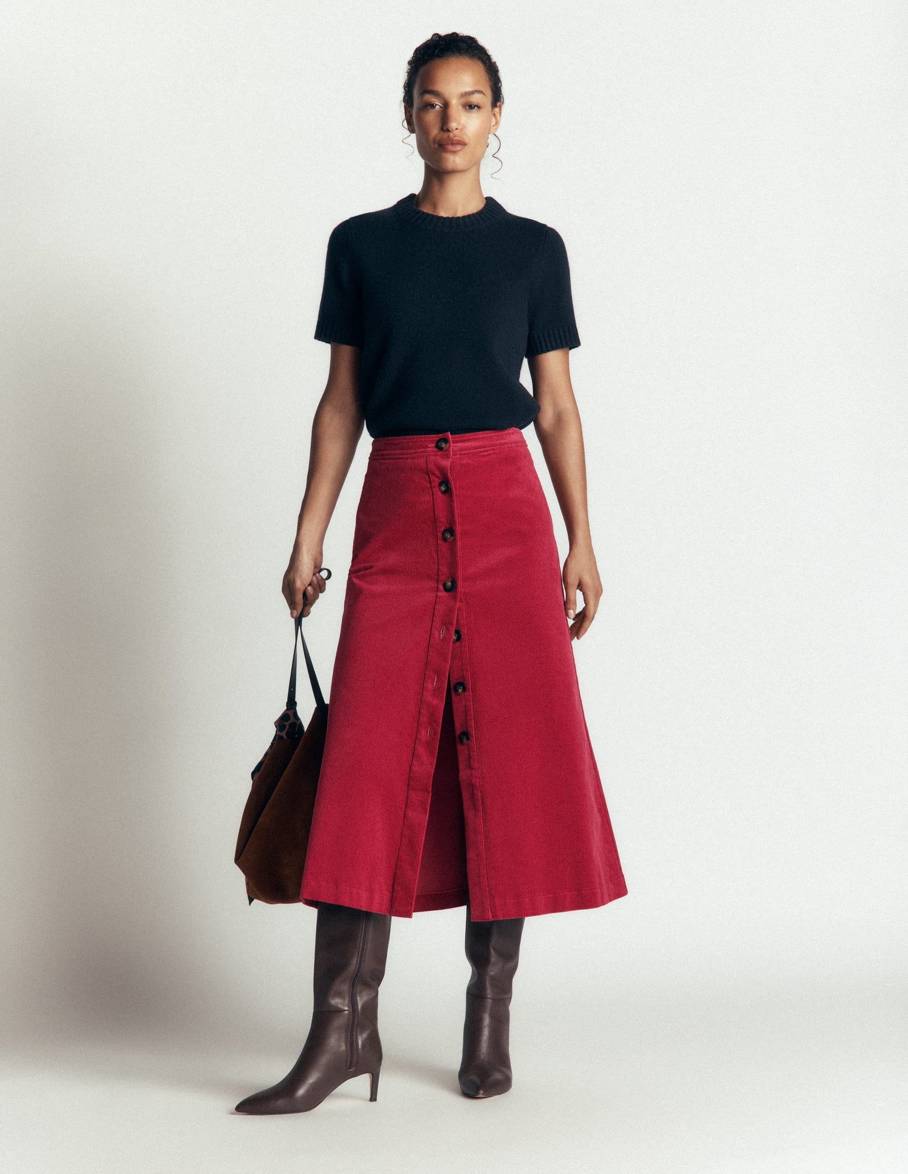 Val Button Cord Midi Skirt-Red Earth