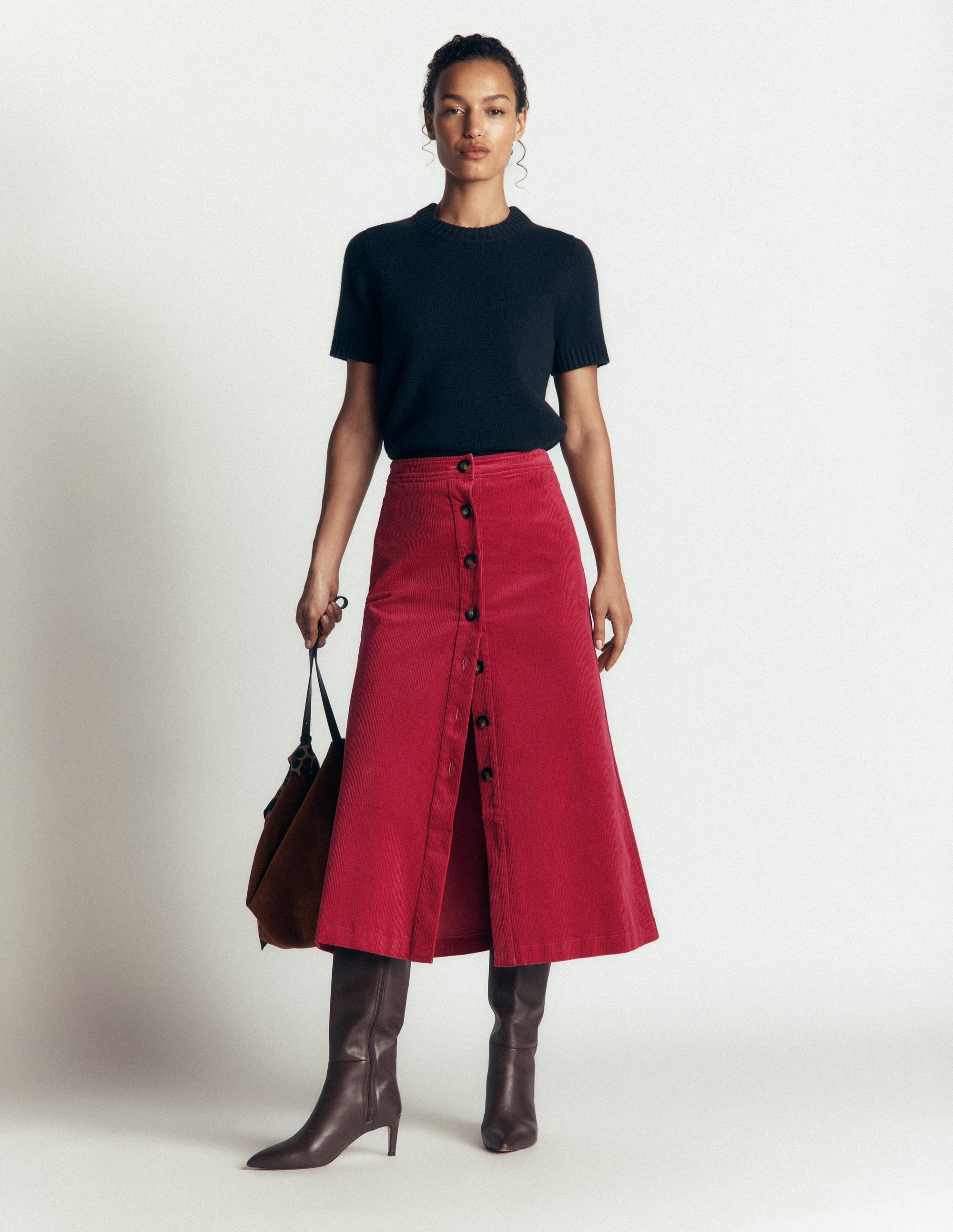 Val Button Cord Midi Skirt-Red Earth