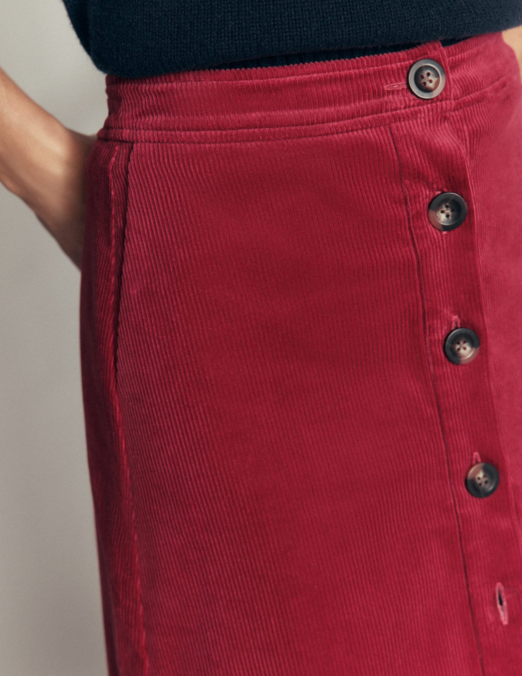 Val Button Cord Midi Skirt-Red Earth