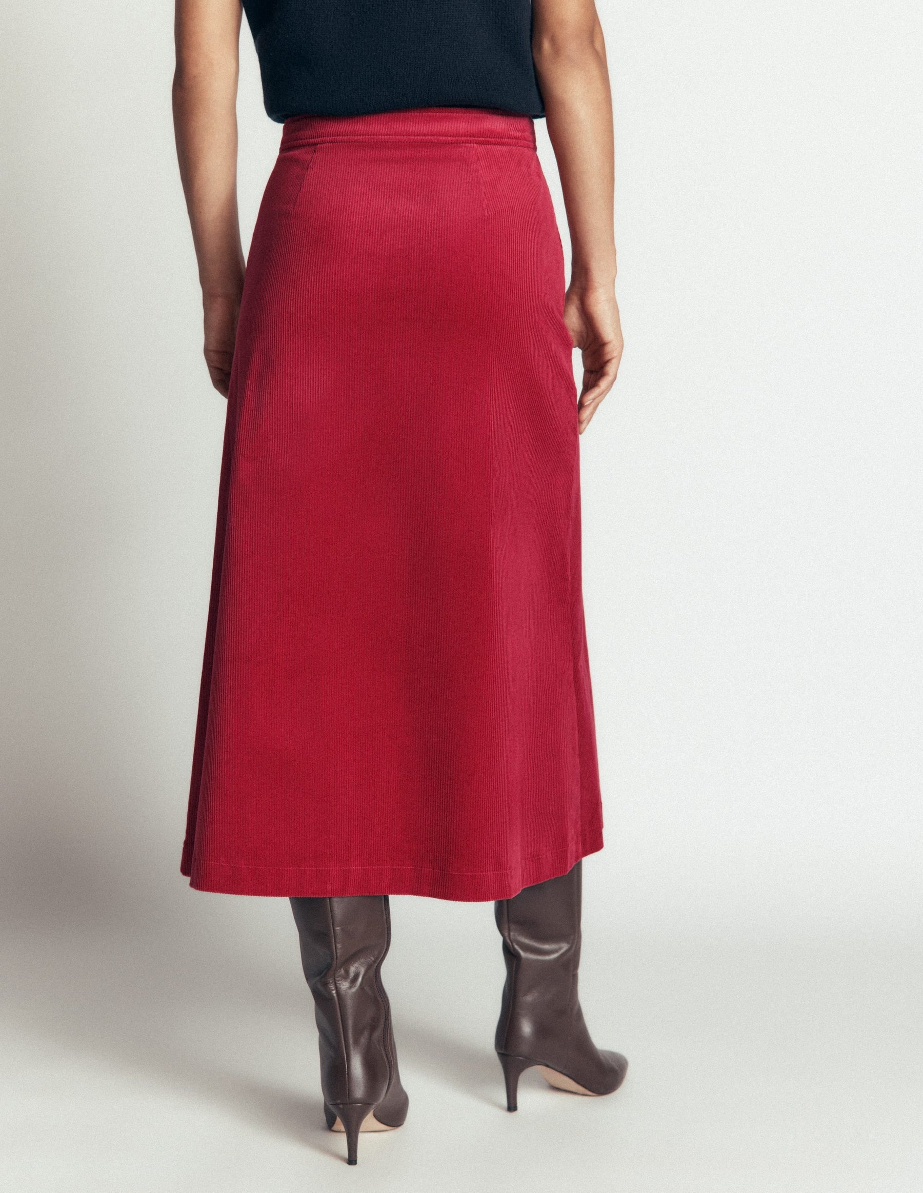 Val Button Cord Midi Skirt-Red Earth