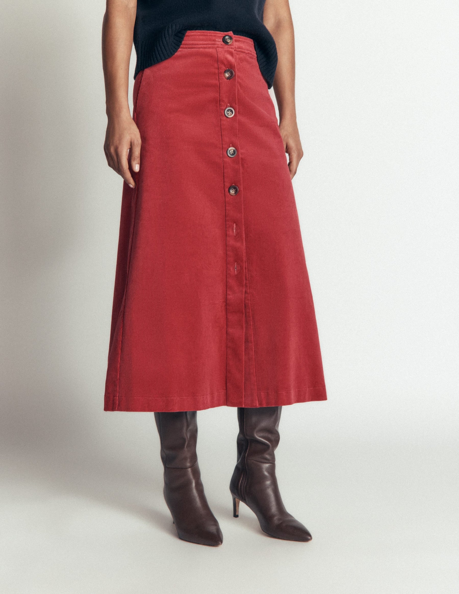 Val Button Cord Midi Skirt-Red Earth