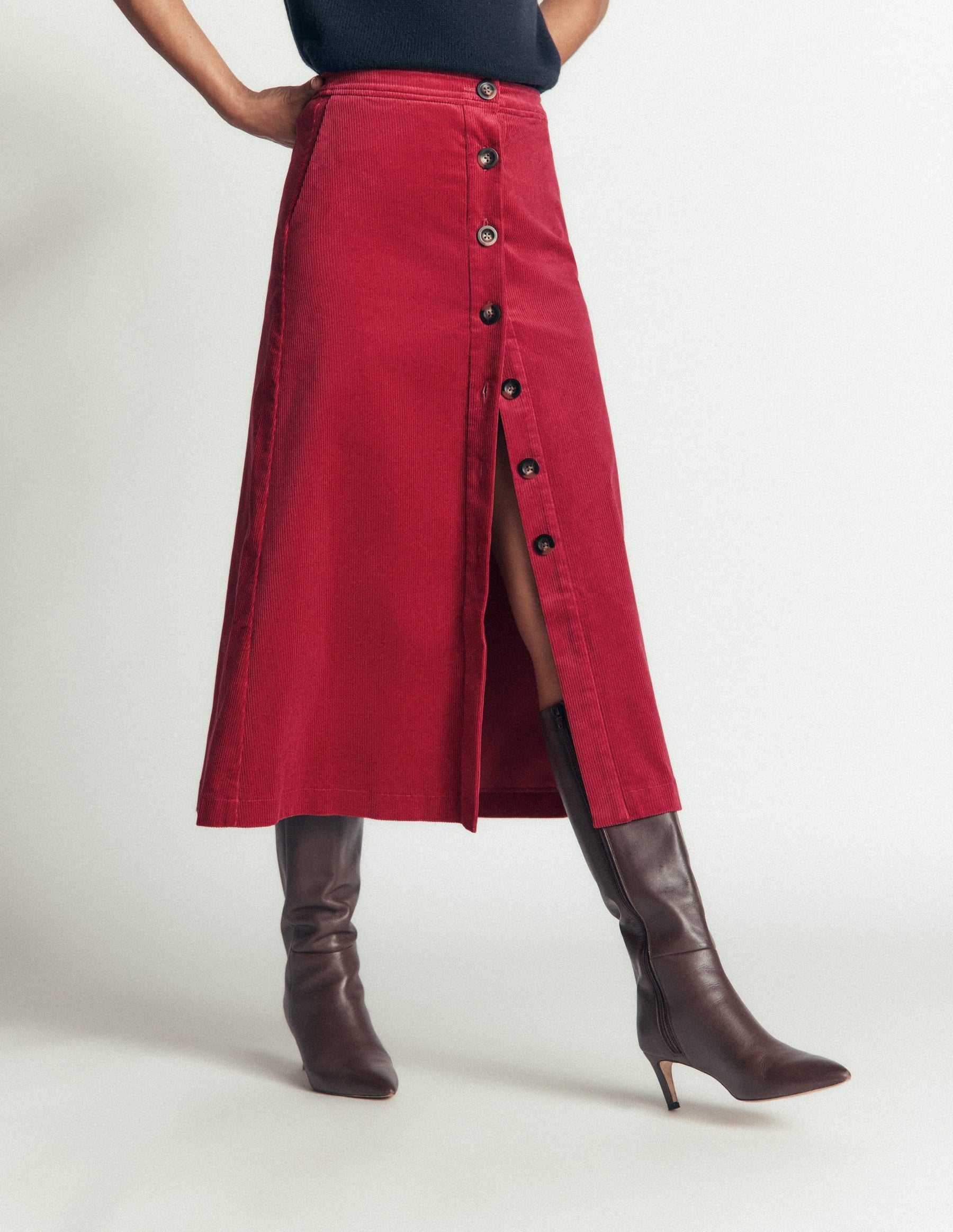 Val Button Cord Midi Skirt-Red Earth
