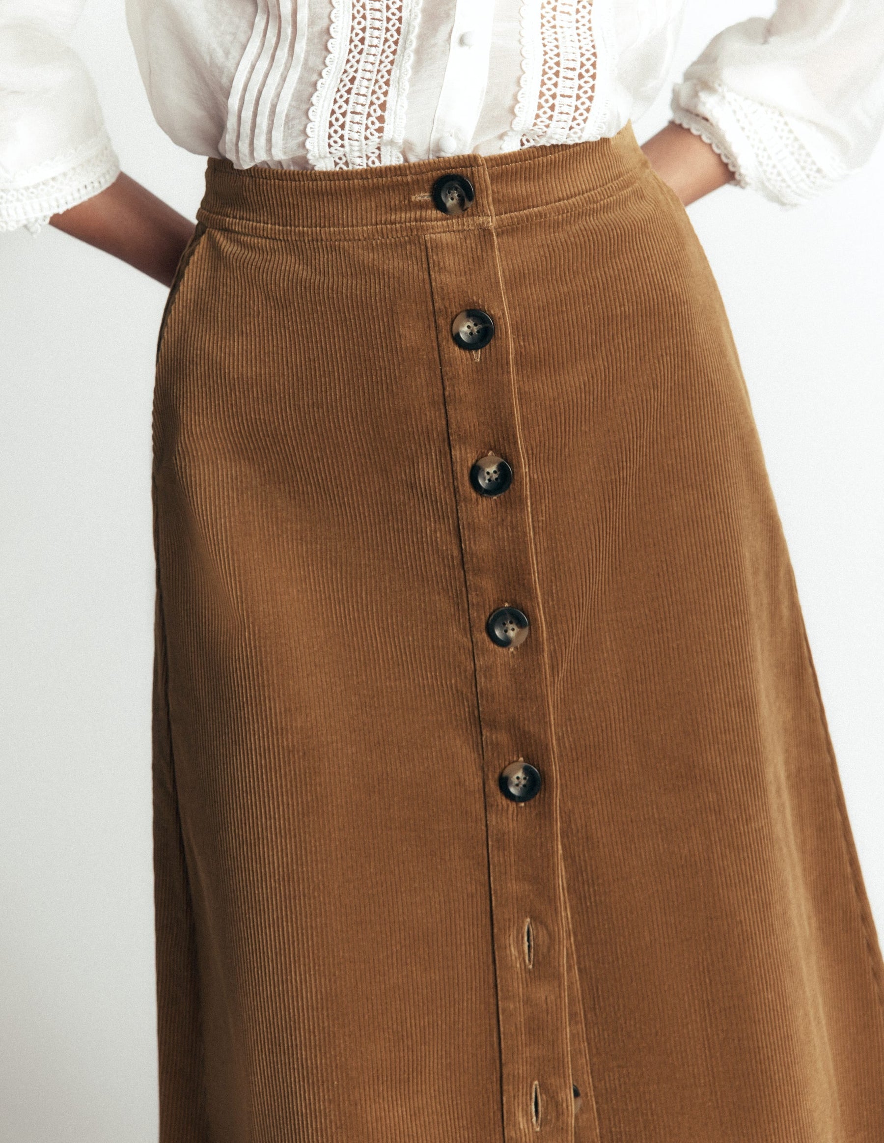 Val Button Cord Midi Skirt-Gingerbread