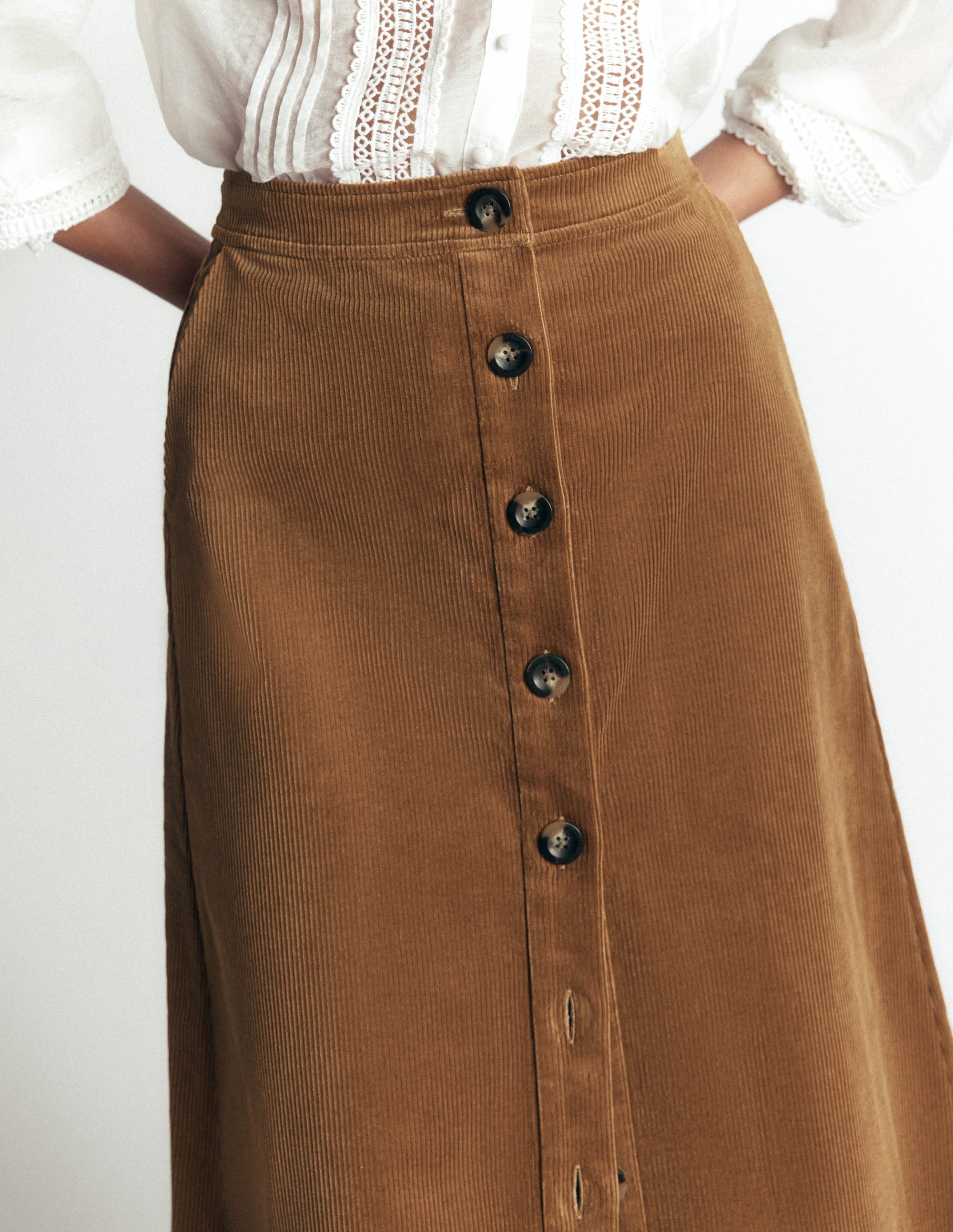 Val Button Cord Midi Skirt-Gingerbread