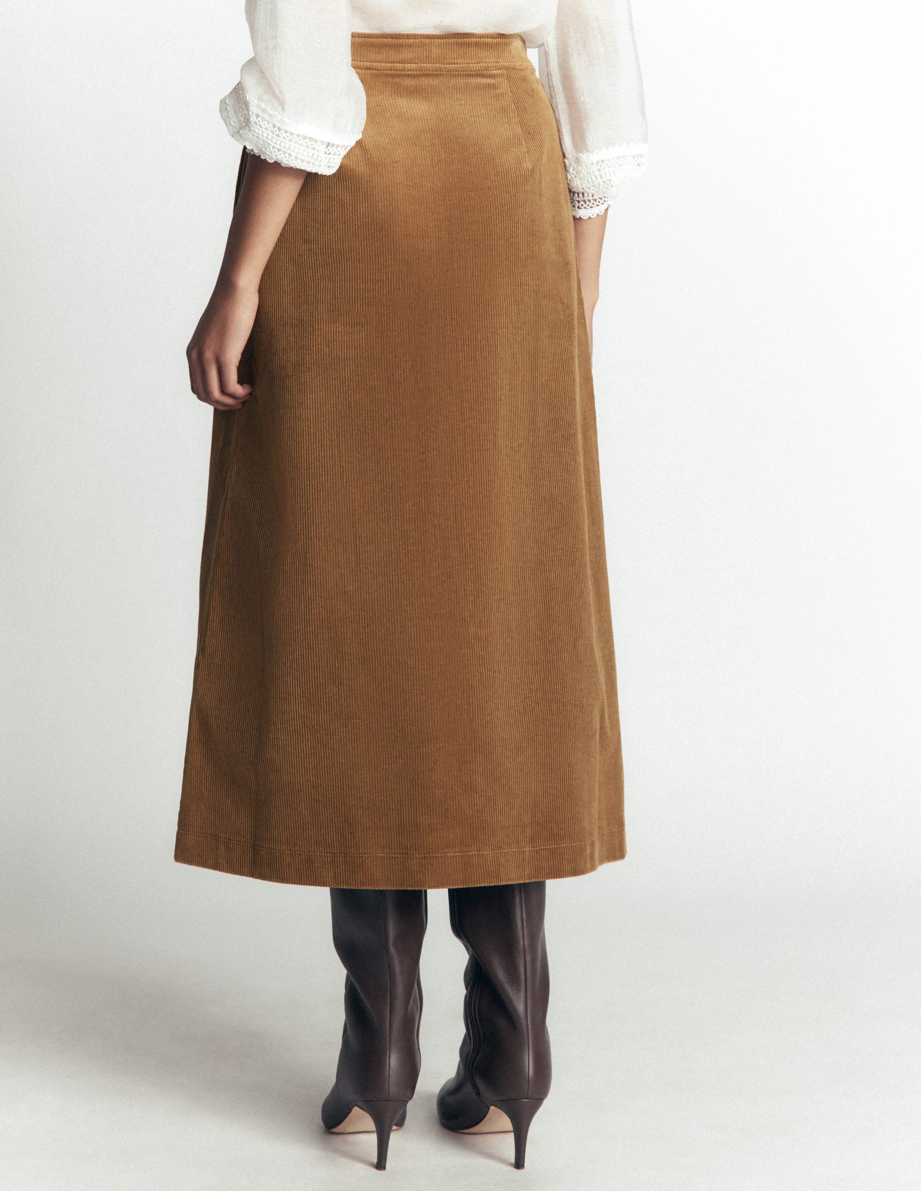 Val Button Cord Midi Skirt-Gingerbread