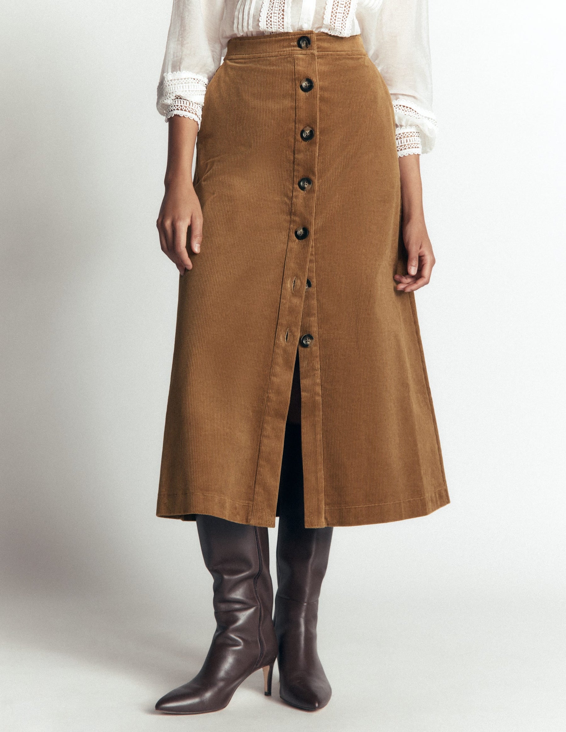 Val Button Cord Midi Skirt-Gingerbread