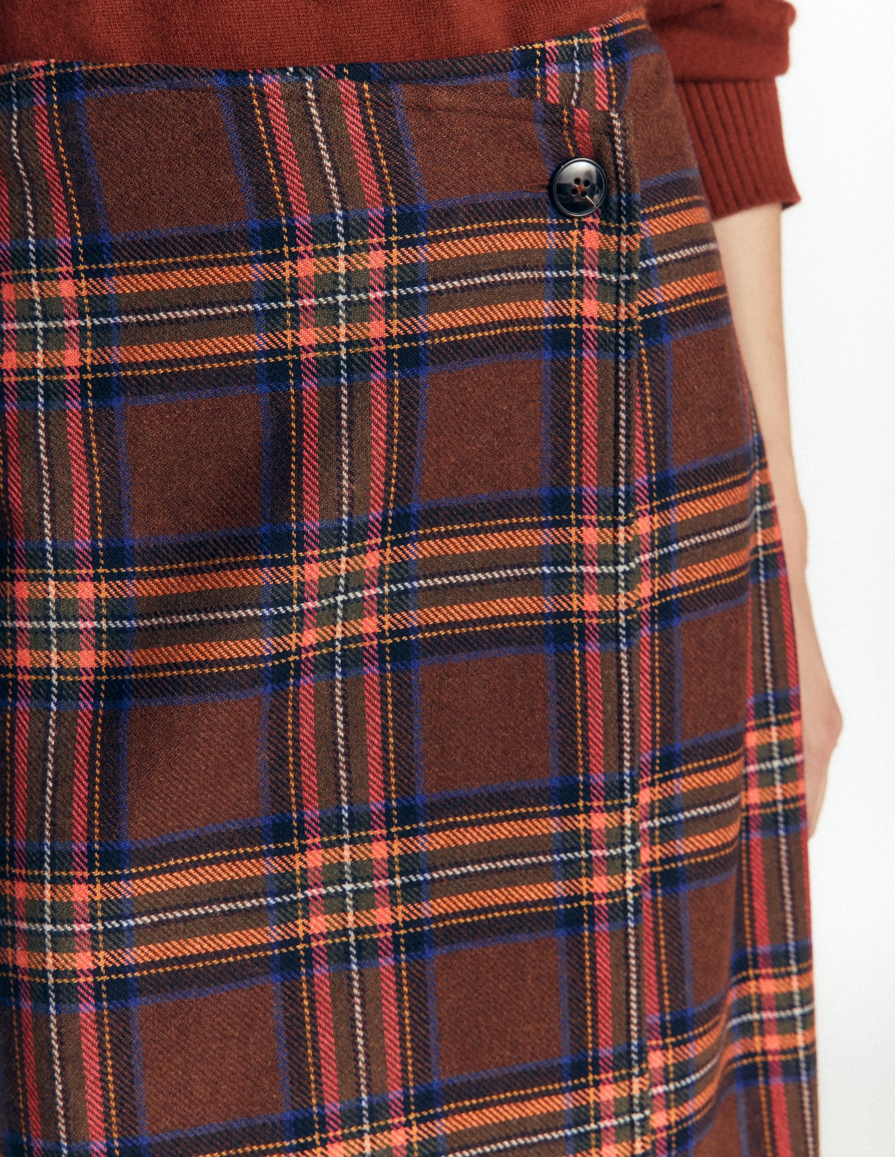Column Wrap Skirt-Brown, Blue and Orange Check