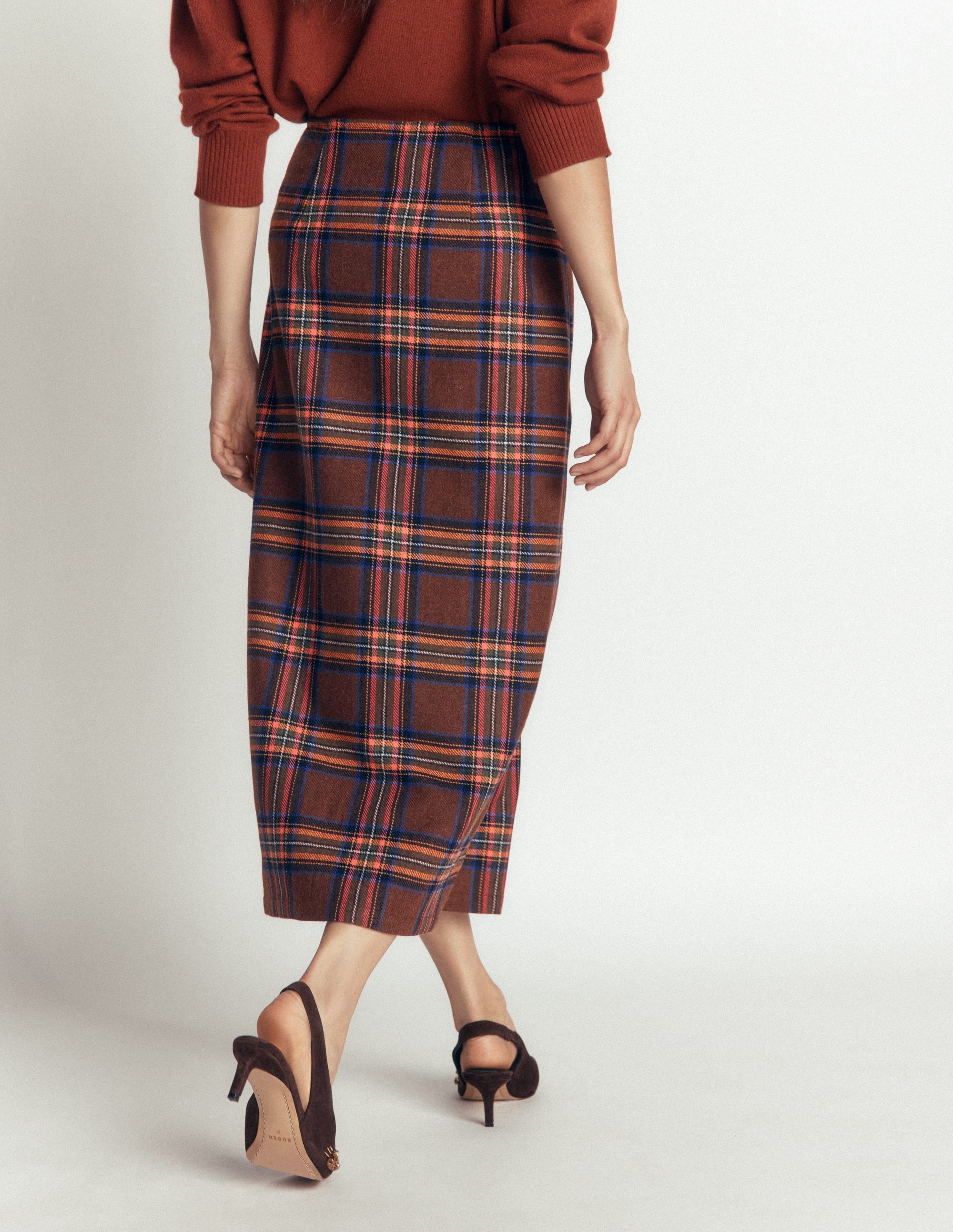 Column Wrap Skirt-Brown, Blue and Orange Check