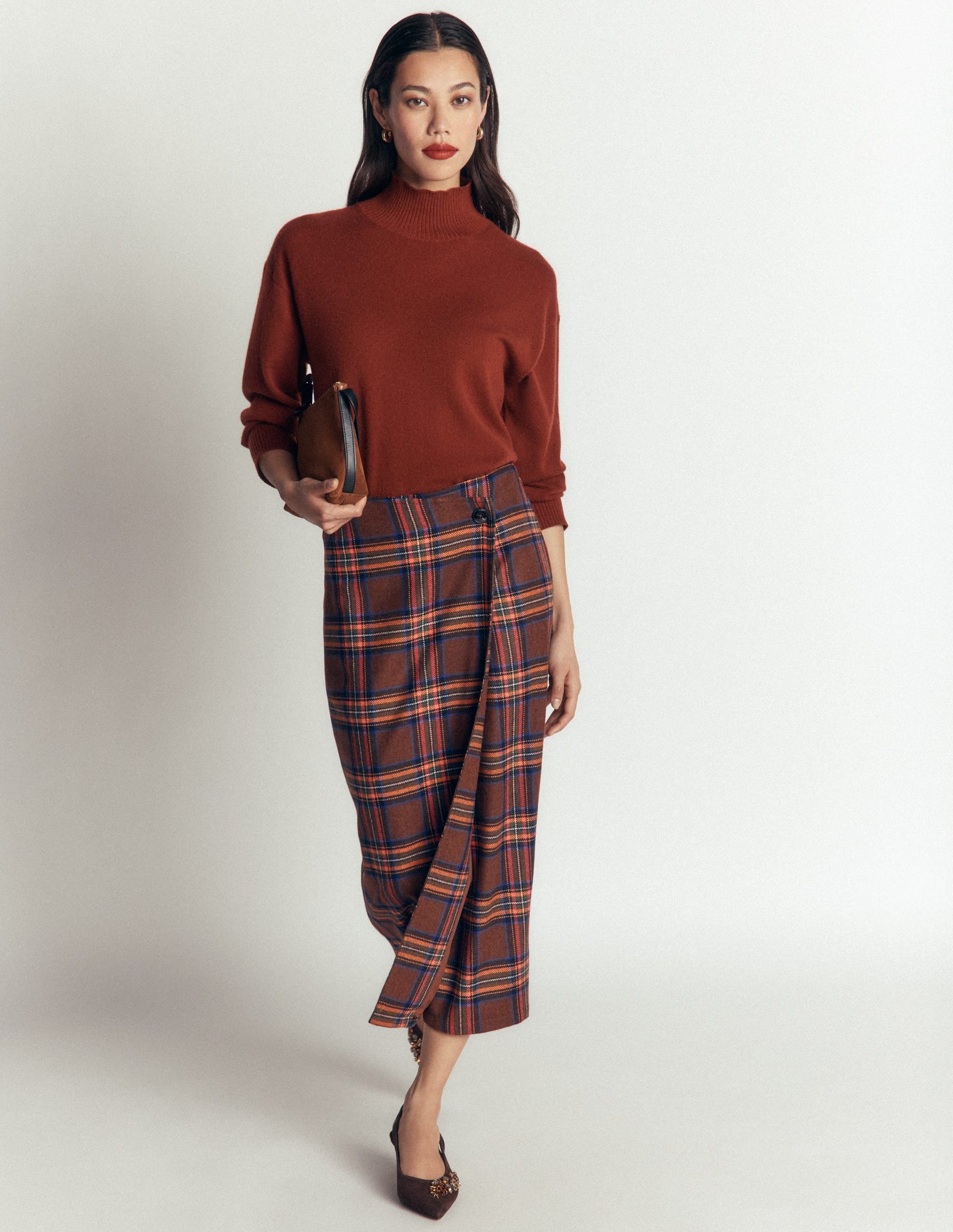 Column Wrap Skirt-Brown, Blue and Orange Check