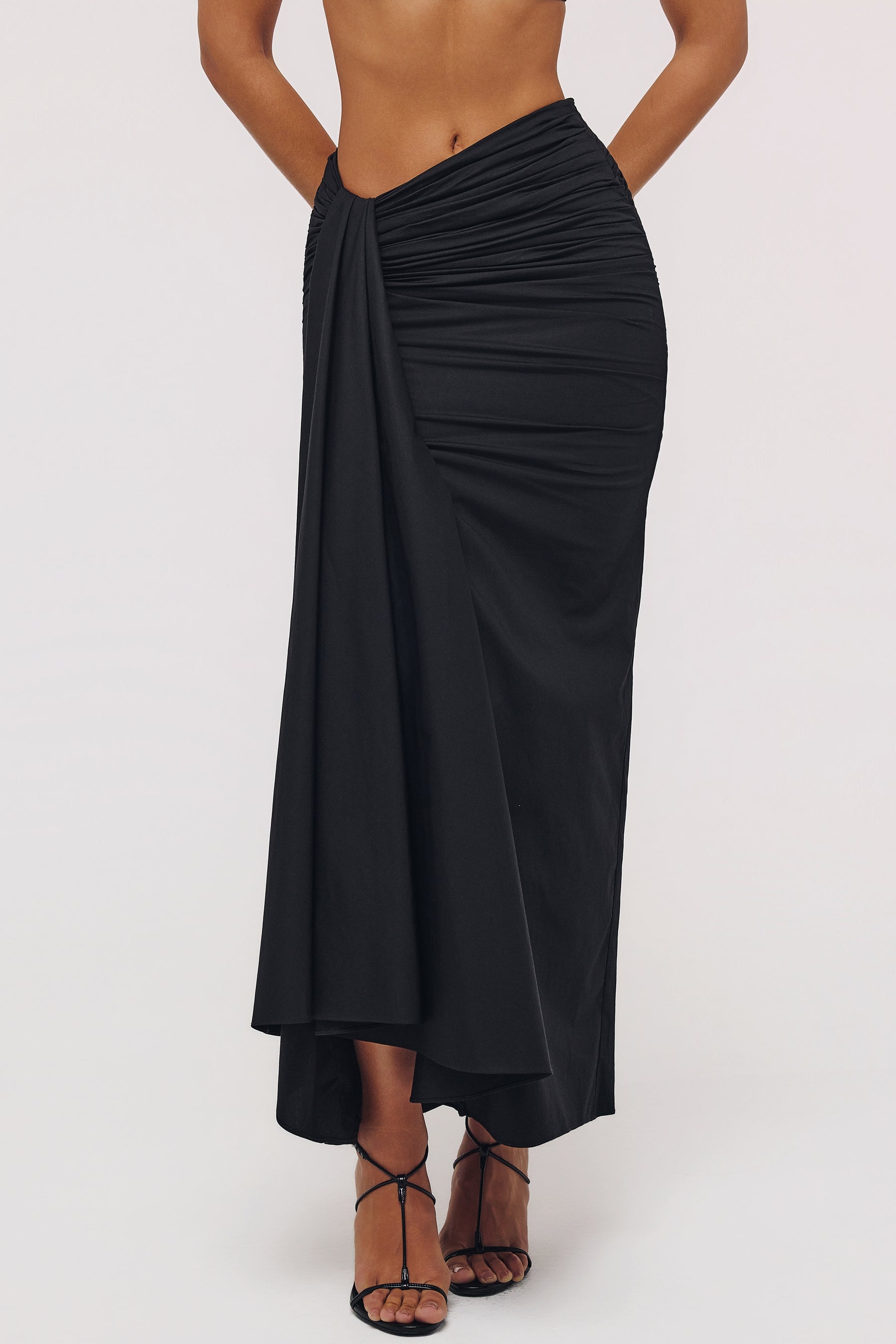 black draped cotton midi skirt