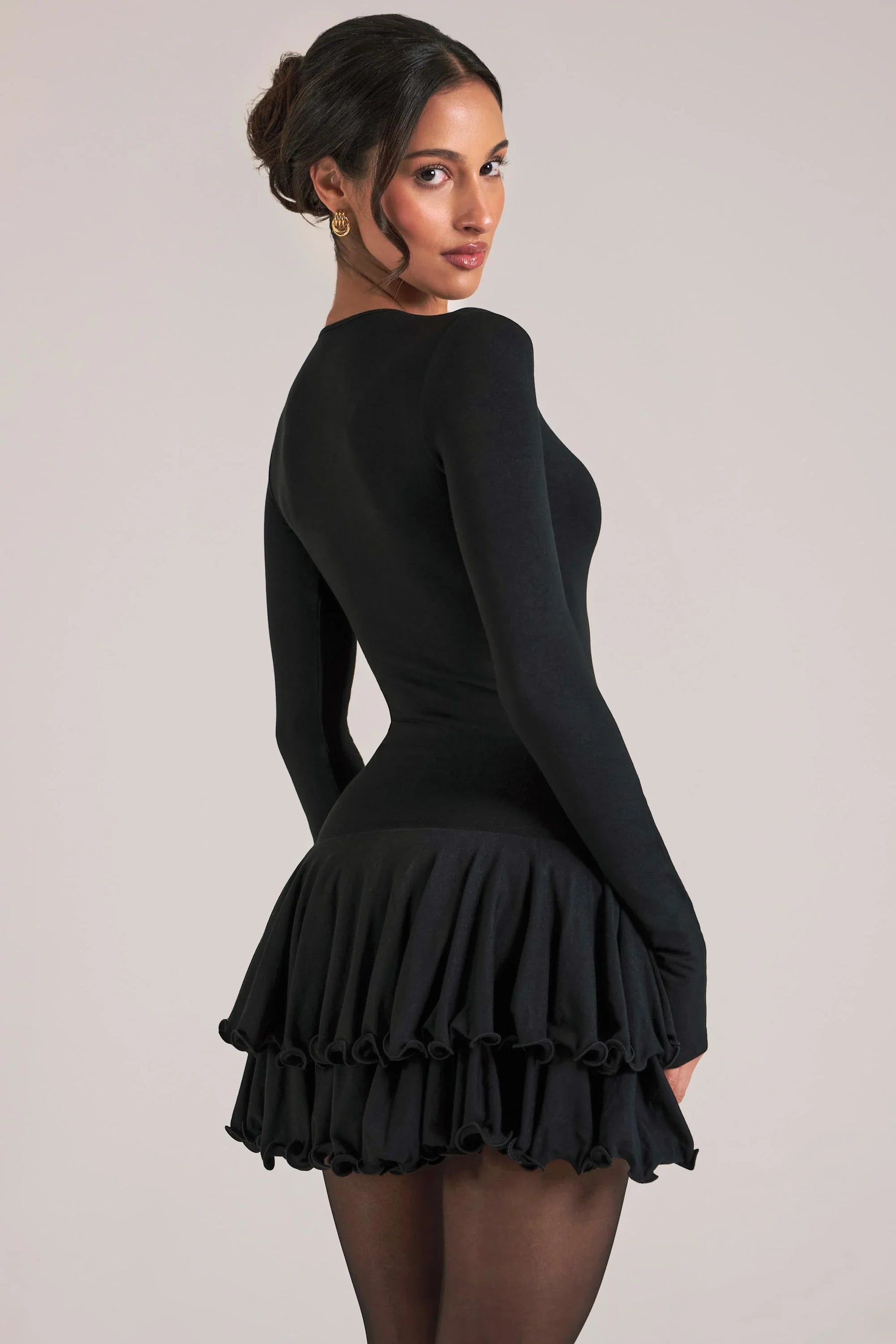 V-Neck Ruffle Skirt Mini Dress in Black