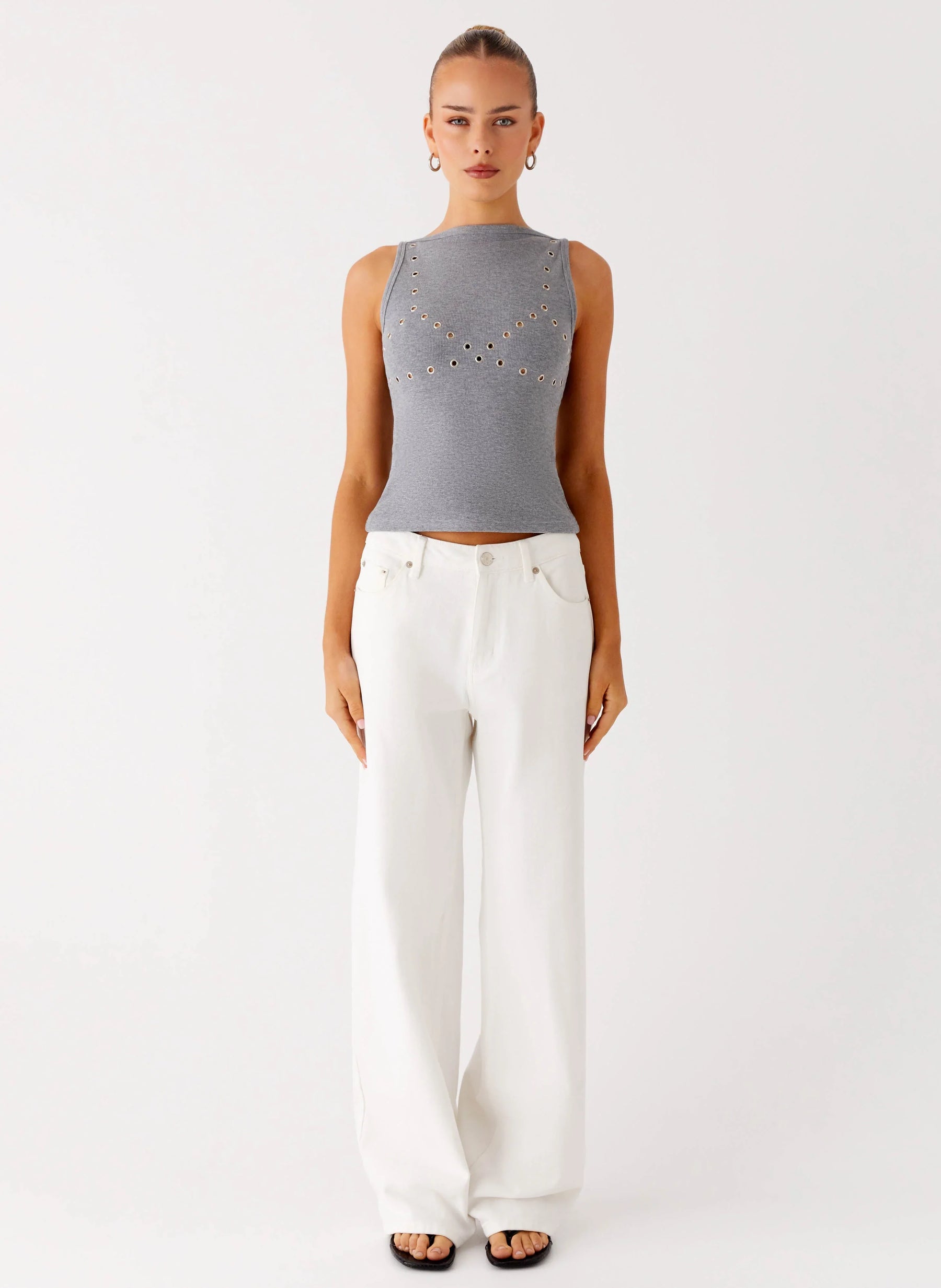 Drop Top Ribbed Eyelet Tank Top - Marle Grey