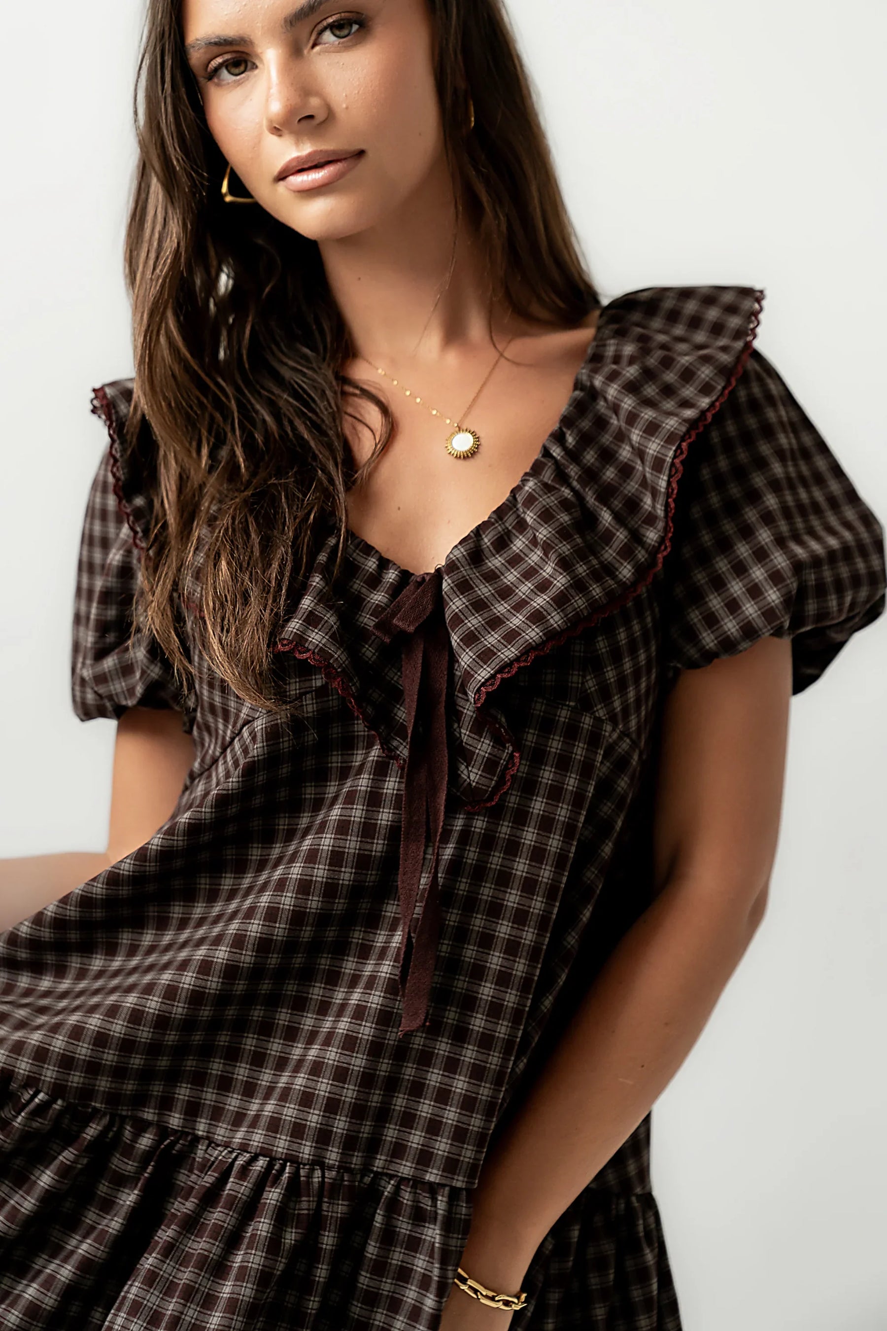 Tony Gingham Baby Doll Dress in Brown